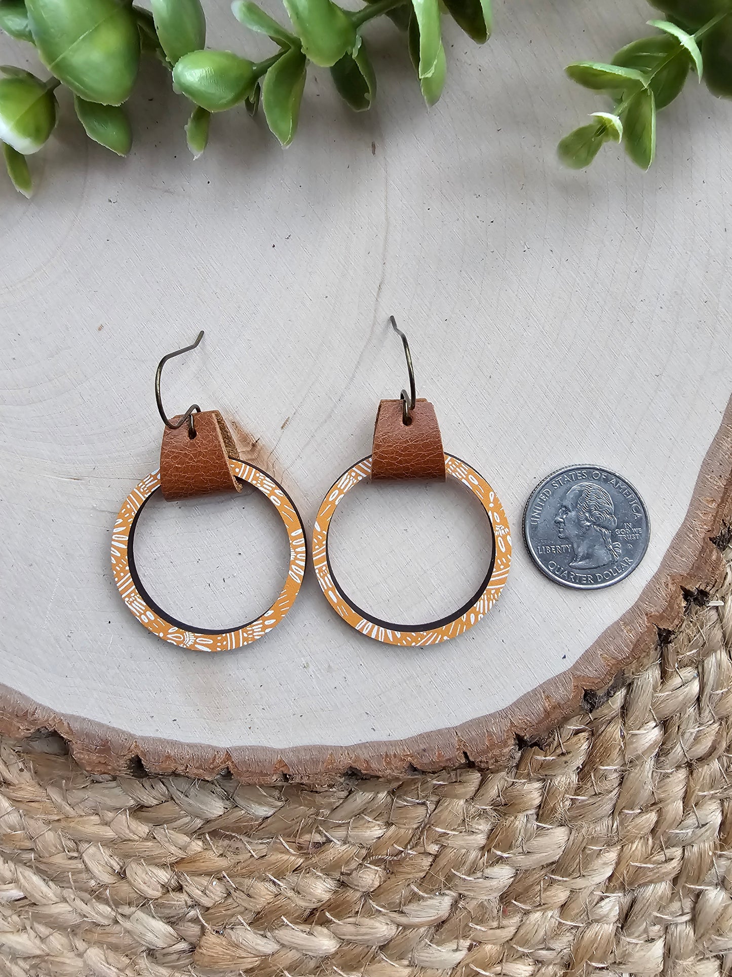 Mustard Boho Brown Leather & Single Wood Hoop Earrings