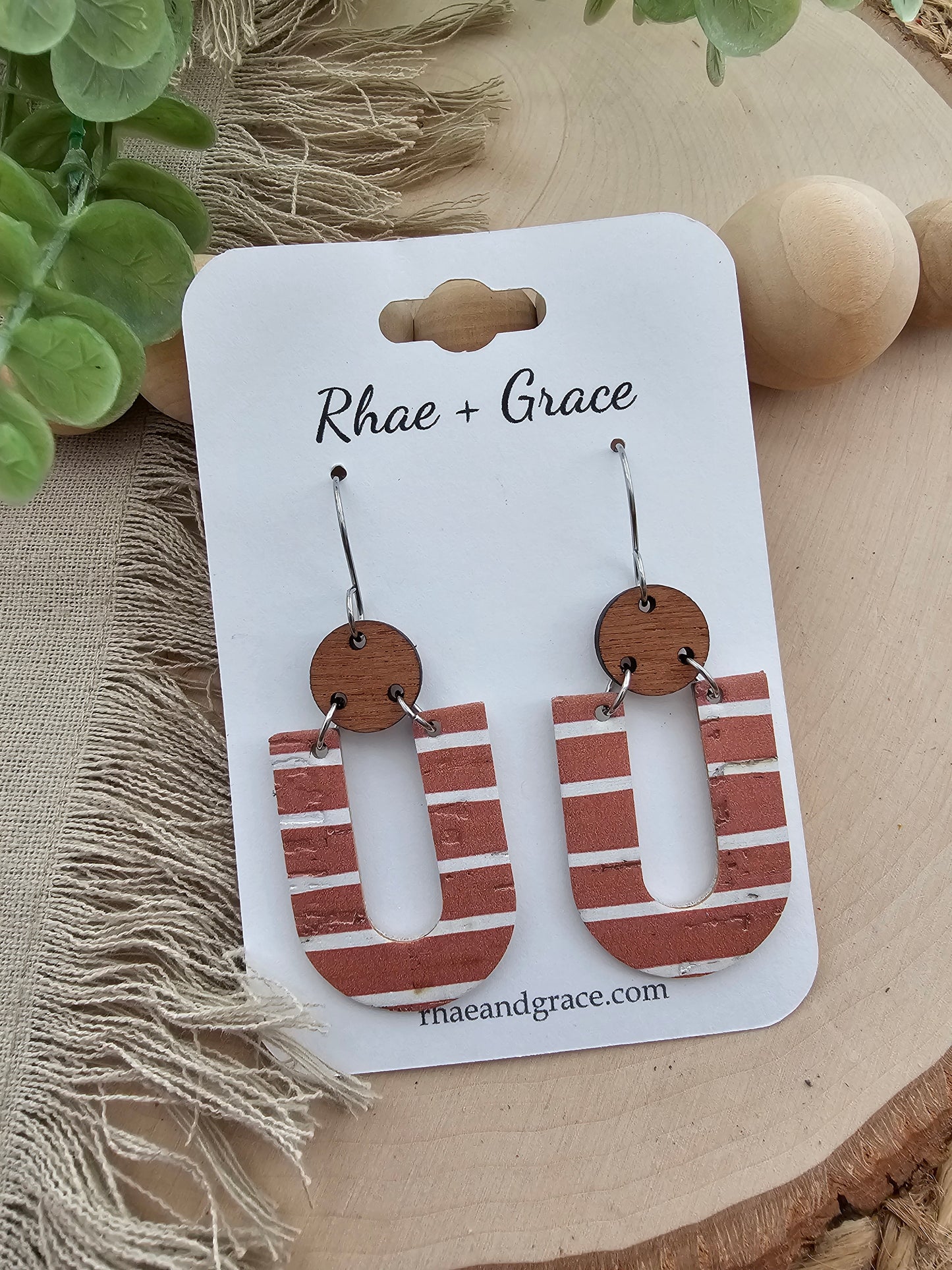 Terracotta Tan & White Striped "U" Earrings