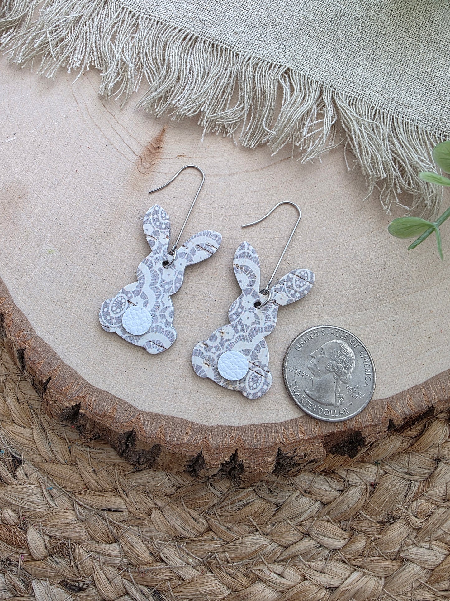Gray & White Lace Bunny Earrings