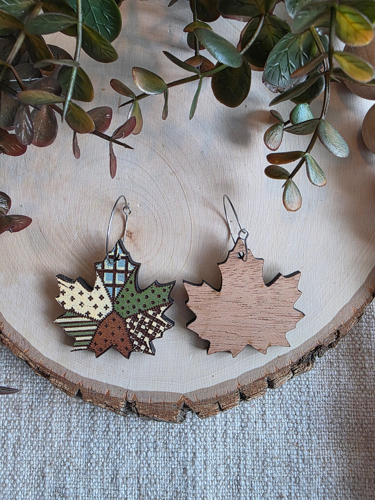 Patchwork Maple Leaf Wood Earrings - Blue/Green