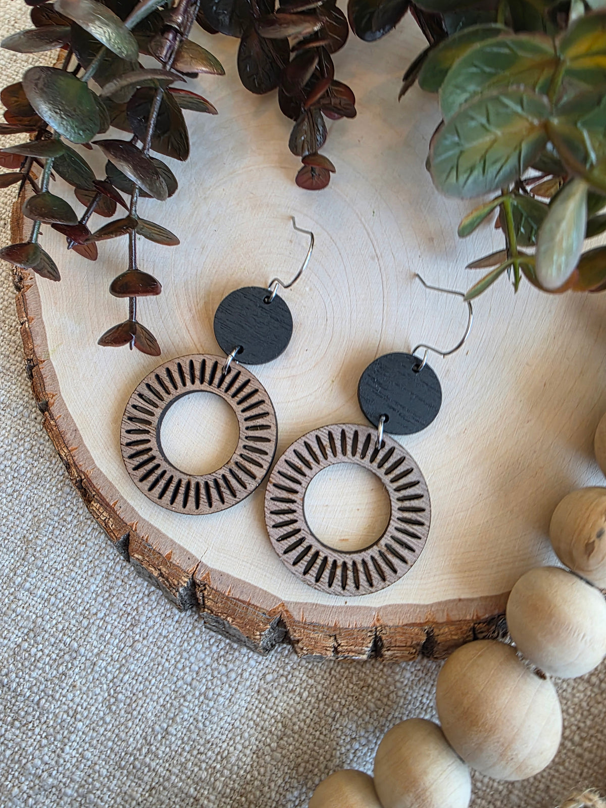 Wood Sunburst Hoop Earrings