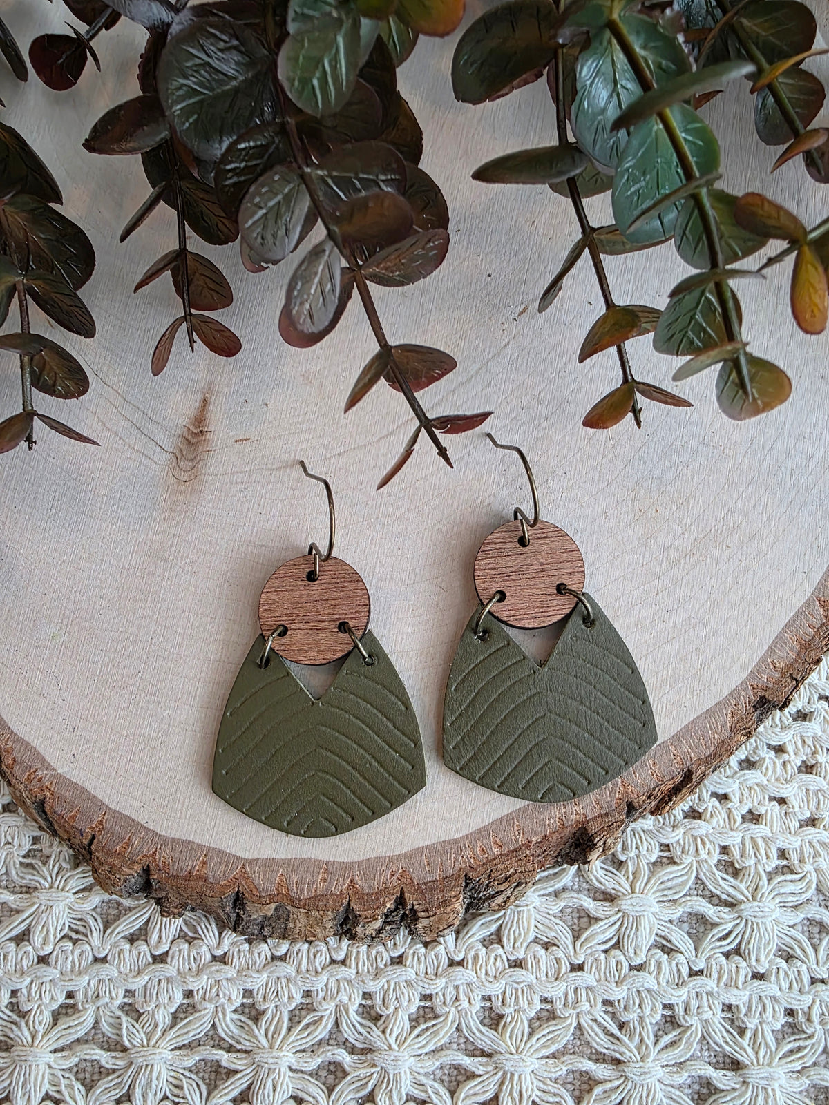 Geometric Boho Embossed Chevron Earrings - Olive Green