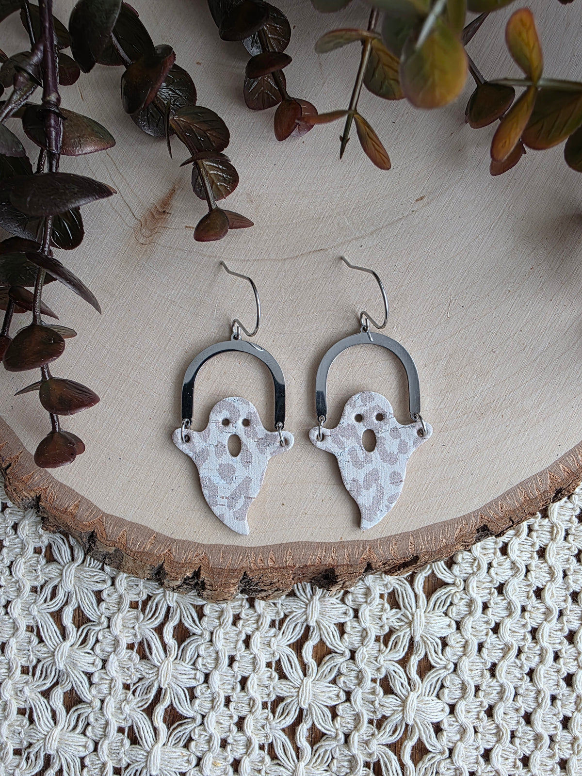 White & Grey Leopard Print Arched Ghost Earrings