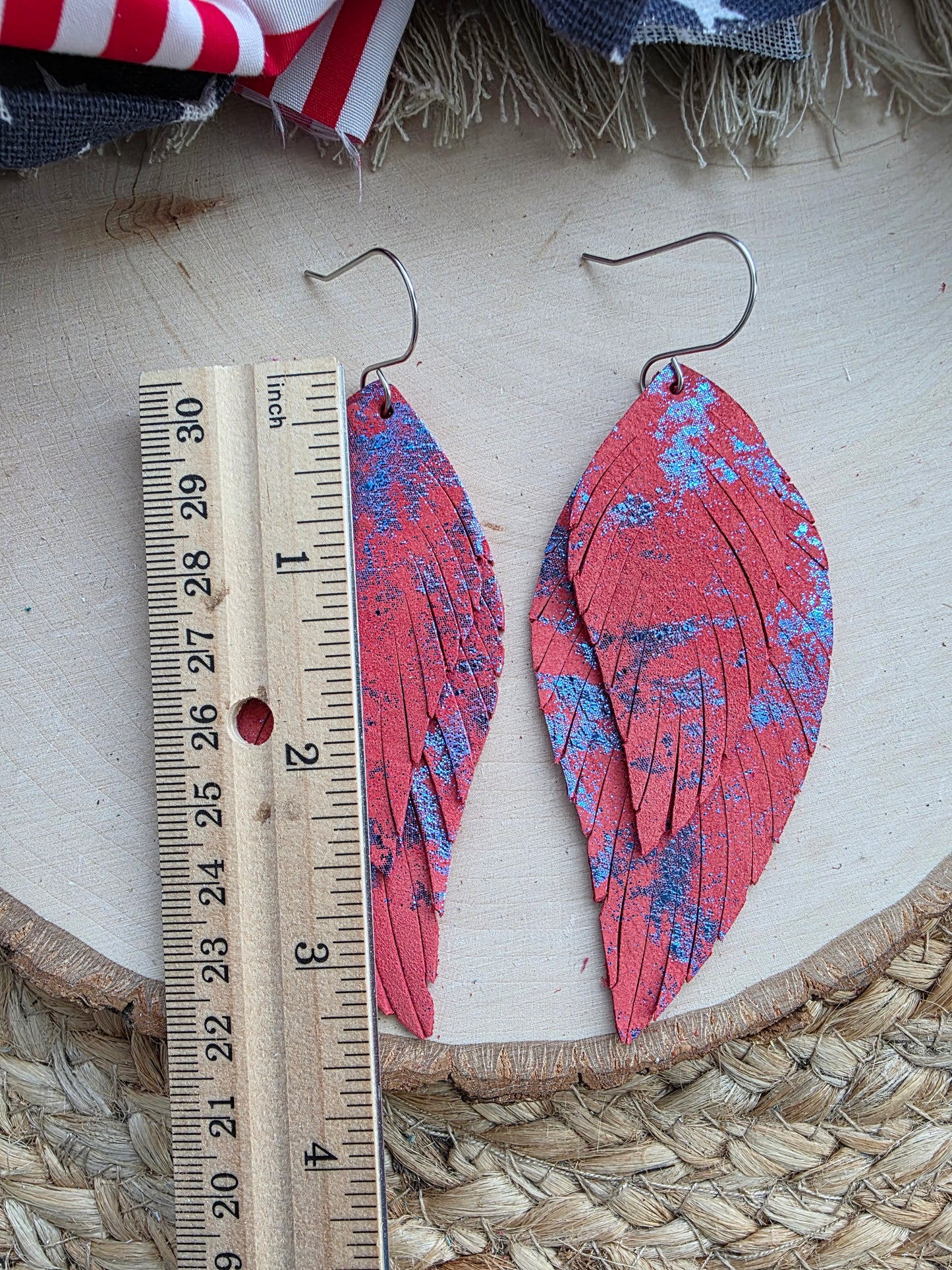 Red & Metallic Blue Fringe Feather Earrings