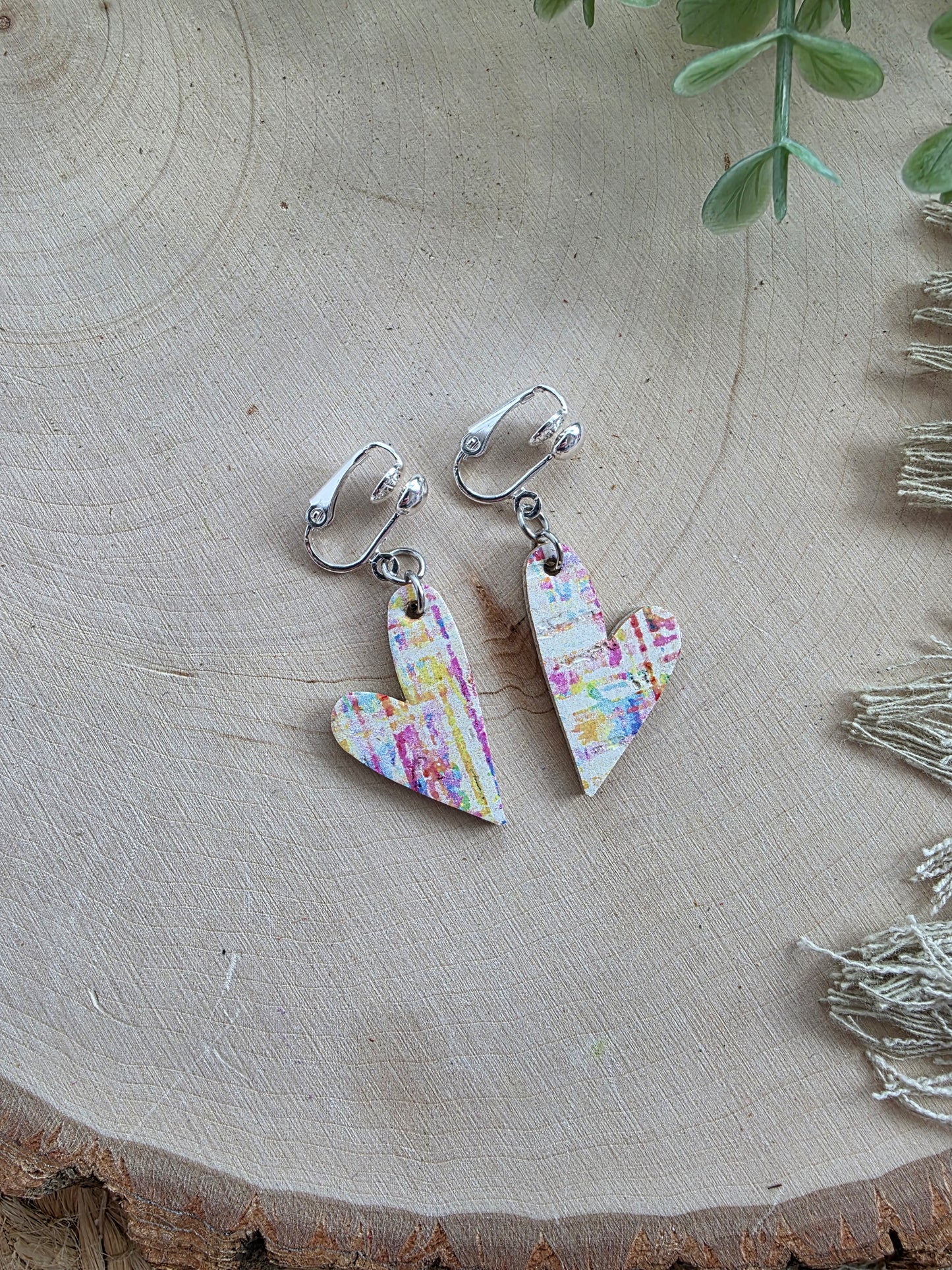 Watercolor Heart Clip On Earrings