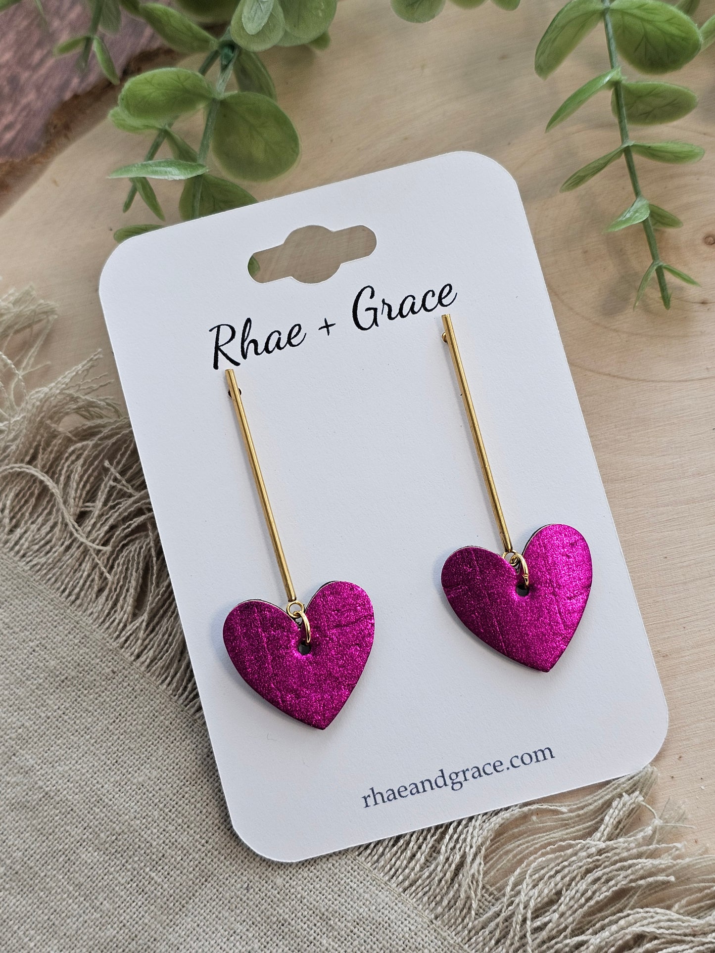 Metallic Fuschia Heart Drop Post Earrings