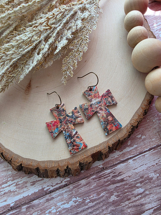 Rustic Autumn Dye Cross Earrings