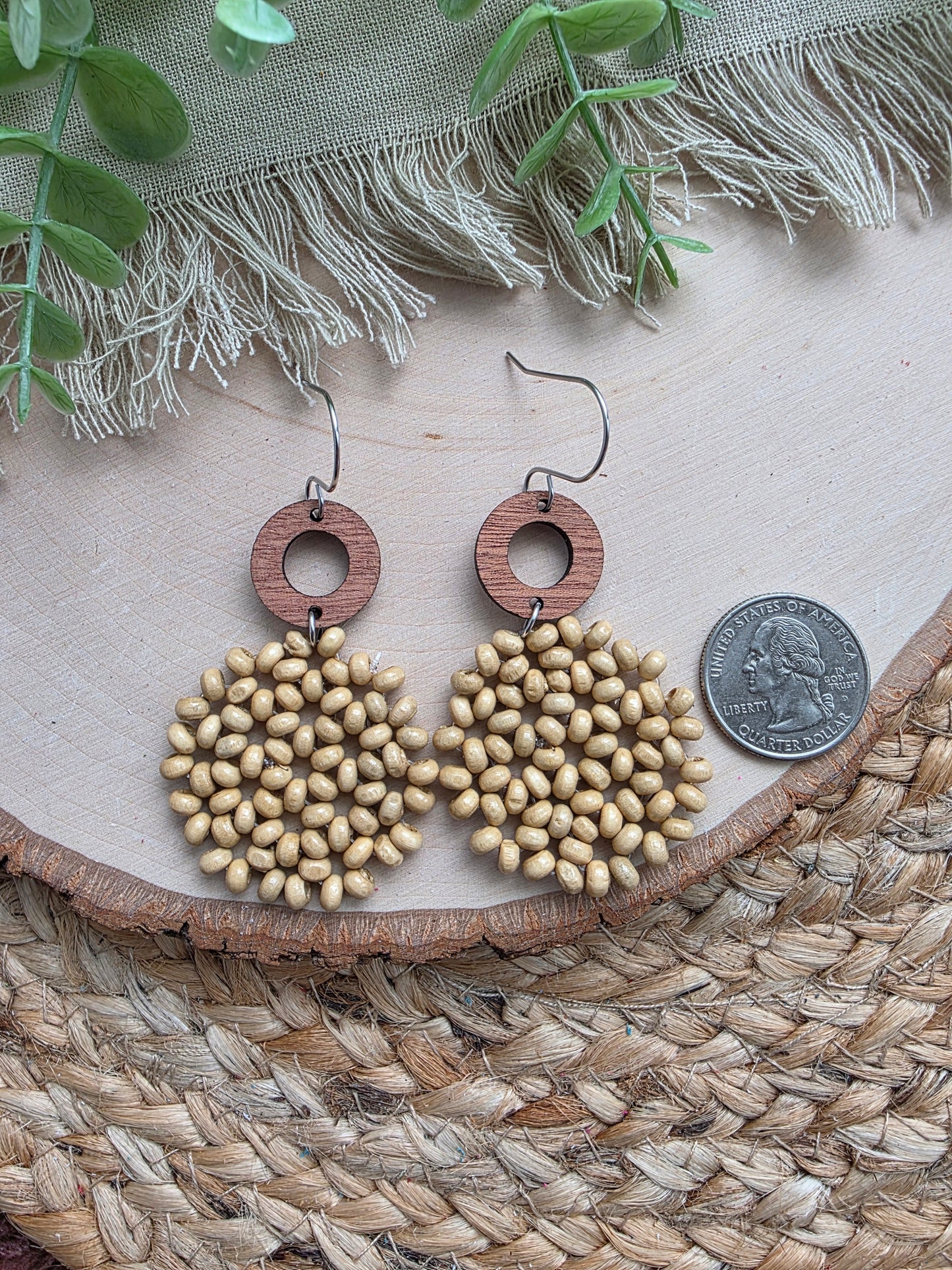 Beige Beaded Circle Earrings