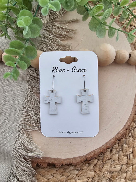 White Birch Cork Cross Earrings - Small