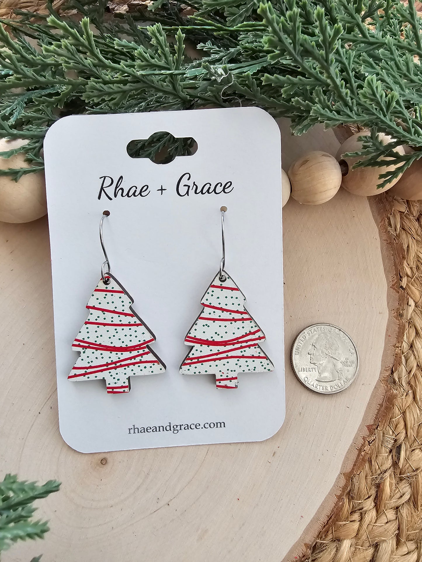 Christmas Tree Cake Wood Dangle Earrings