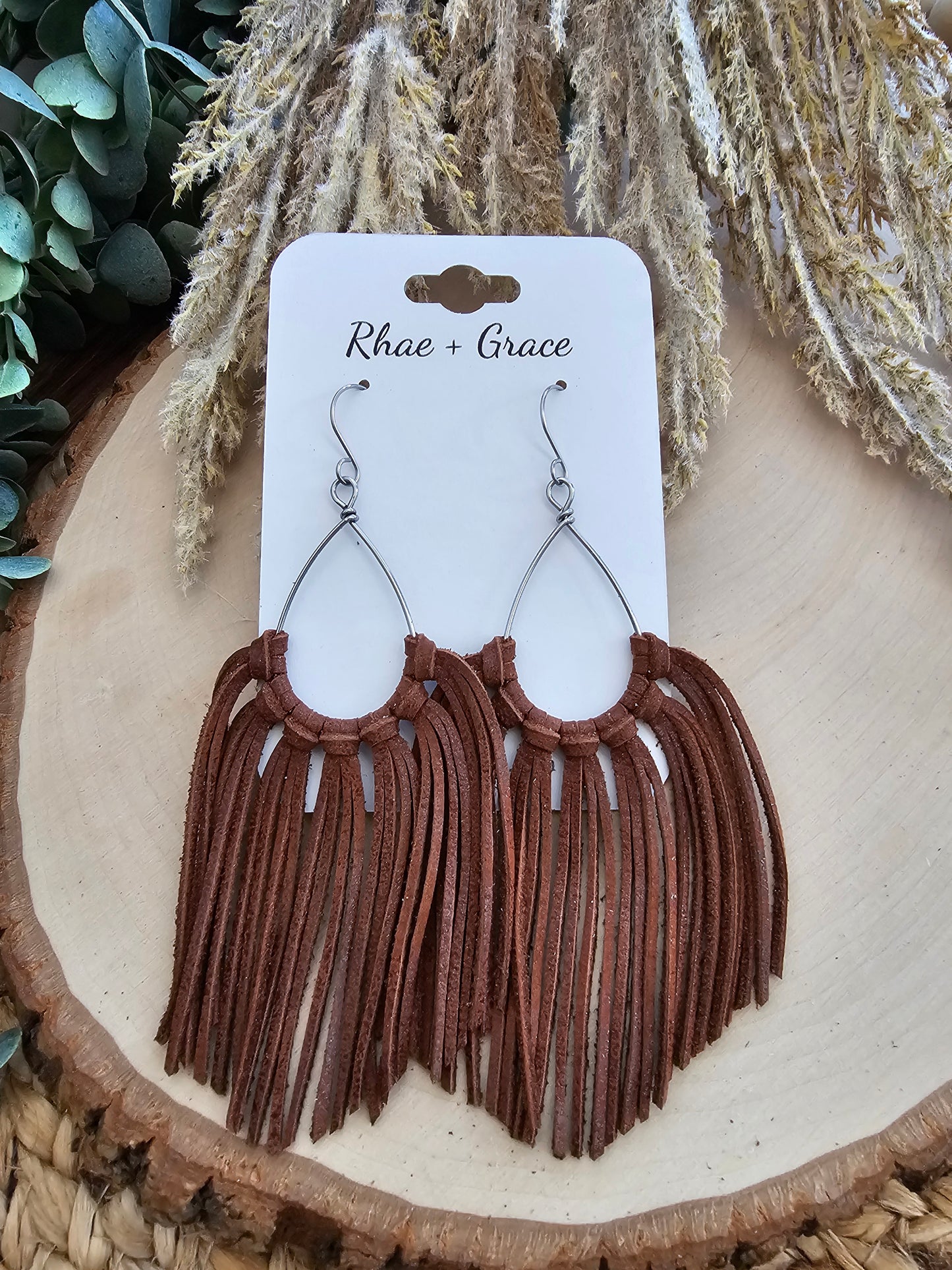 Brown Leather Fringe Statement Earrings