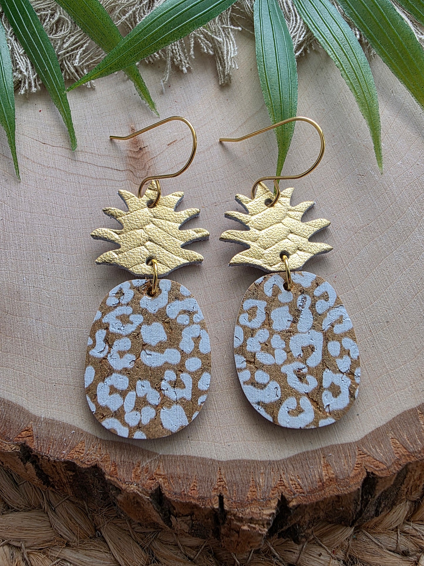 White & Gold Leopard Print Pineapple Earrings