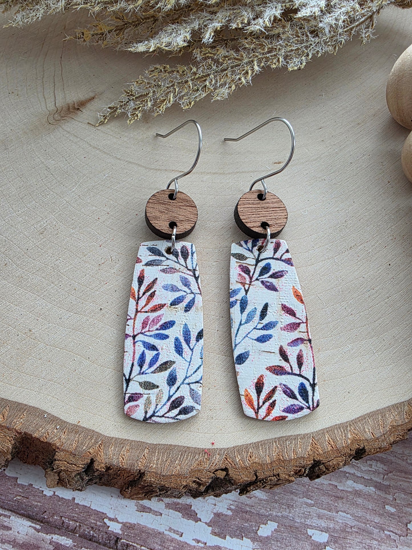 Autumn Willow Branch Floral Bar Leather Earrings