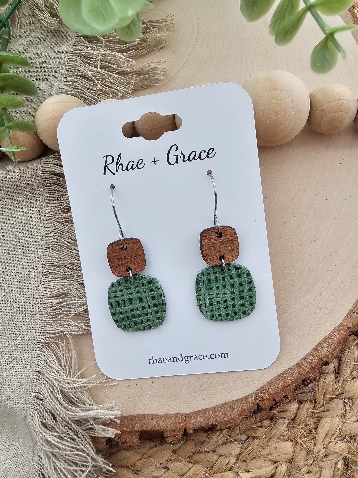 Green Linen Embossed Rounded Square Earrings