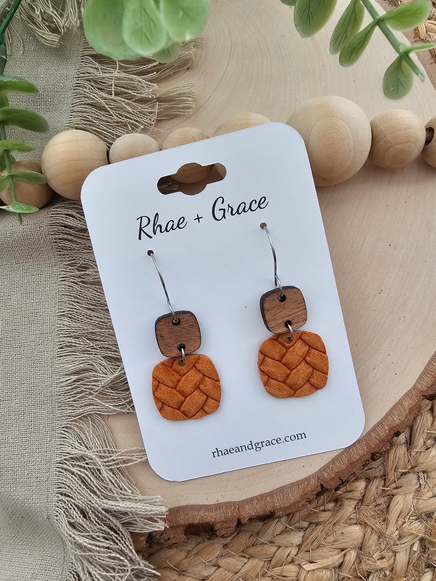 Ginger Orange Embossed Braid Rounded Square Earrings