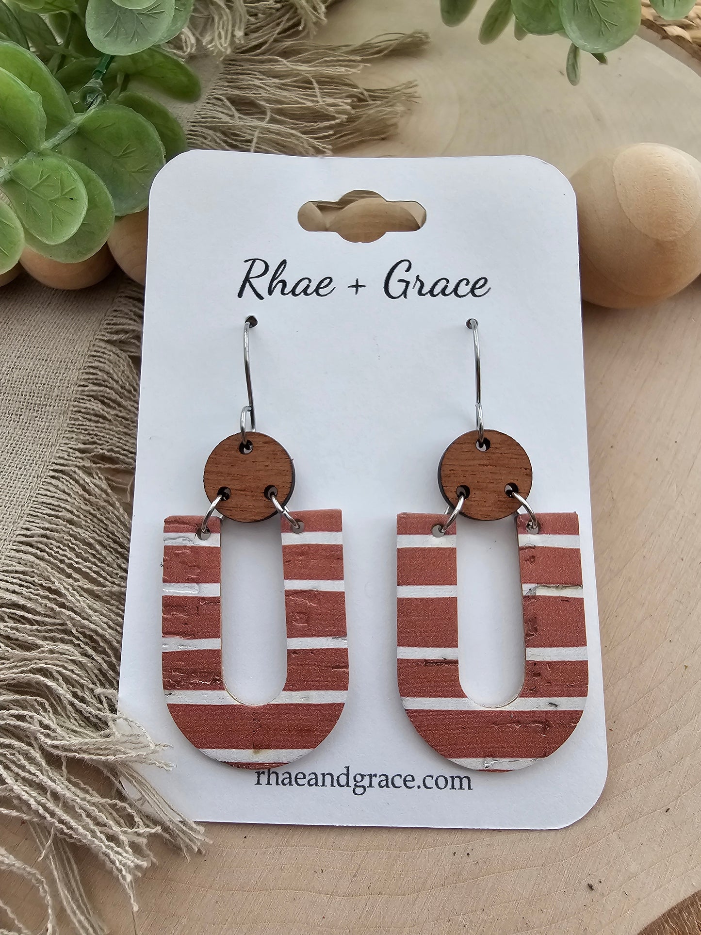 Terracotta Tan & White Striped "U" Earrings