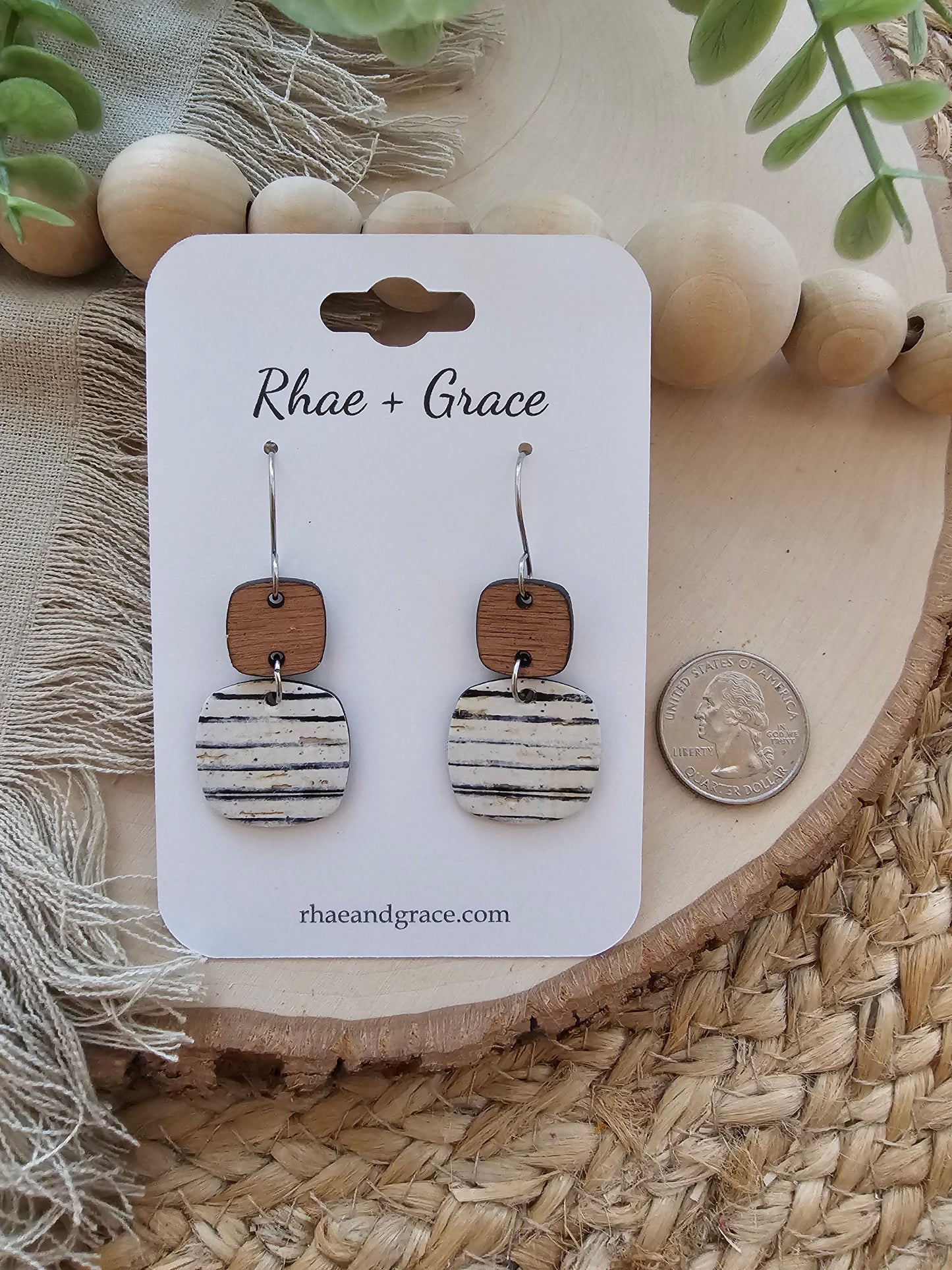 Black & White Vintage Pinstripe Rounded Square Earrings