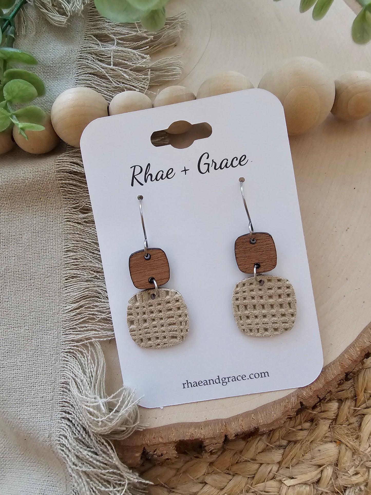 Beige Tan Embossed Rounded Square Earrings