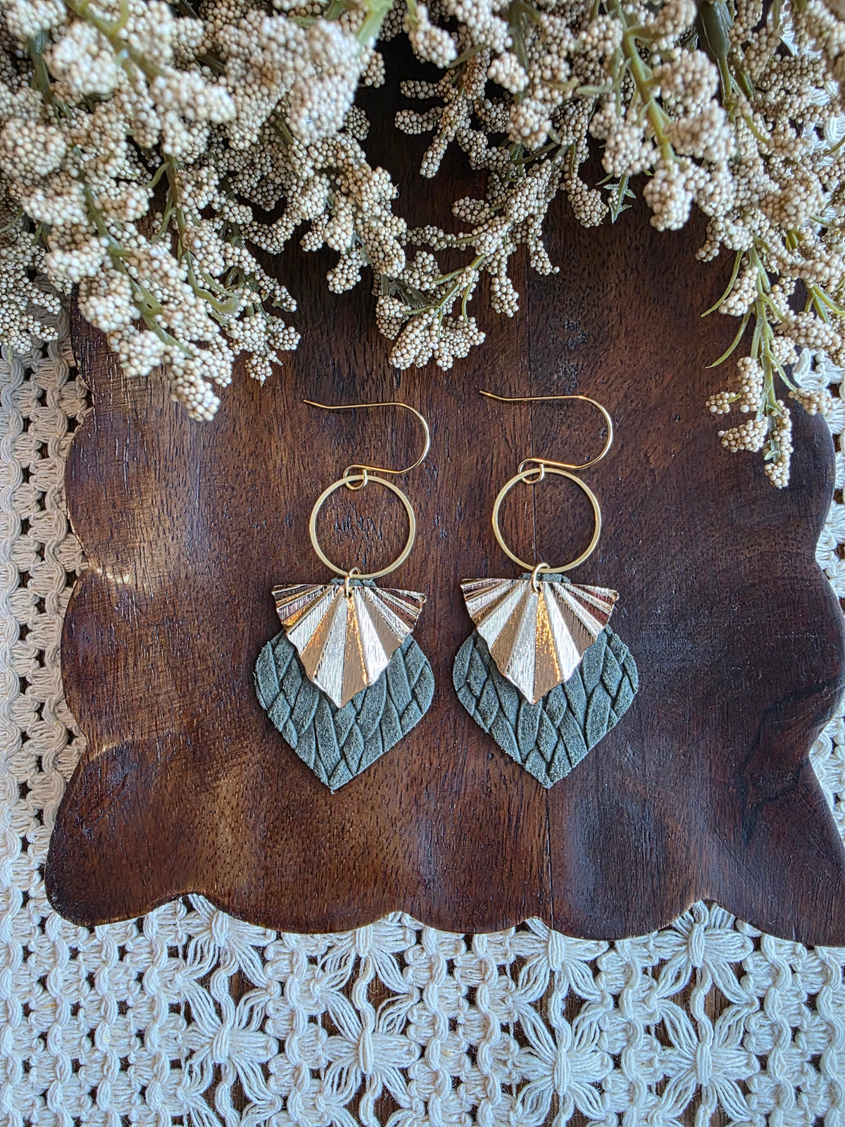 Olive Green Braided Gold Fan Earrings