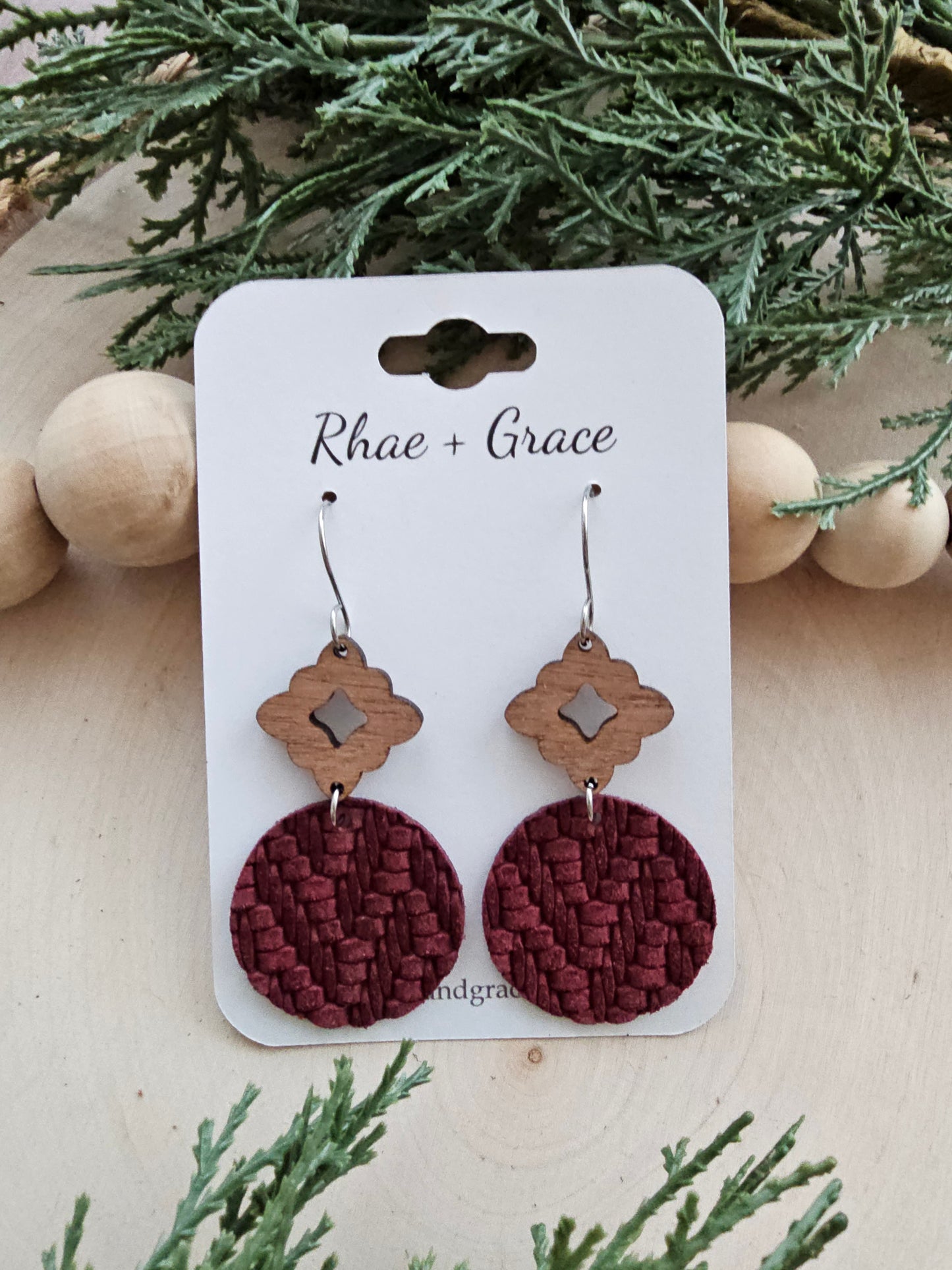 Wine Knit Circle Drop Earrings