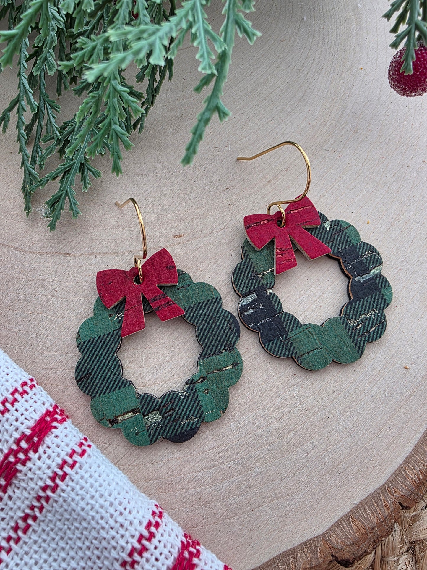 Green Buffalo Plaid Christmas Wreath Earrings