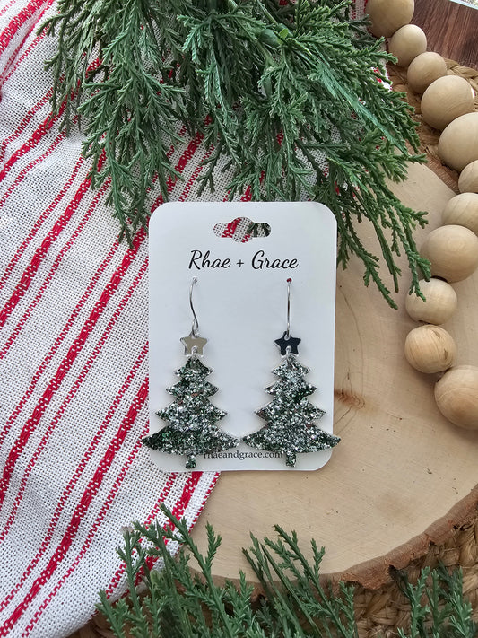 Green & Silver Glitter Christmas Tree Earrings