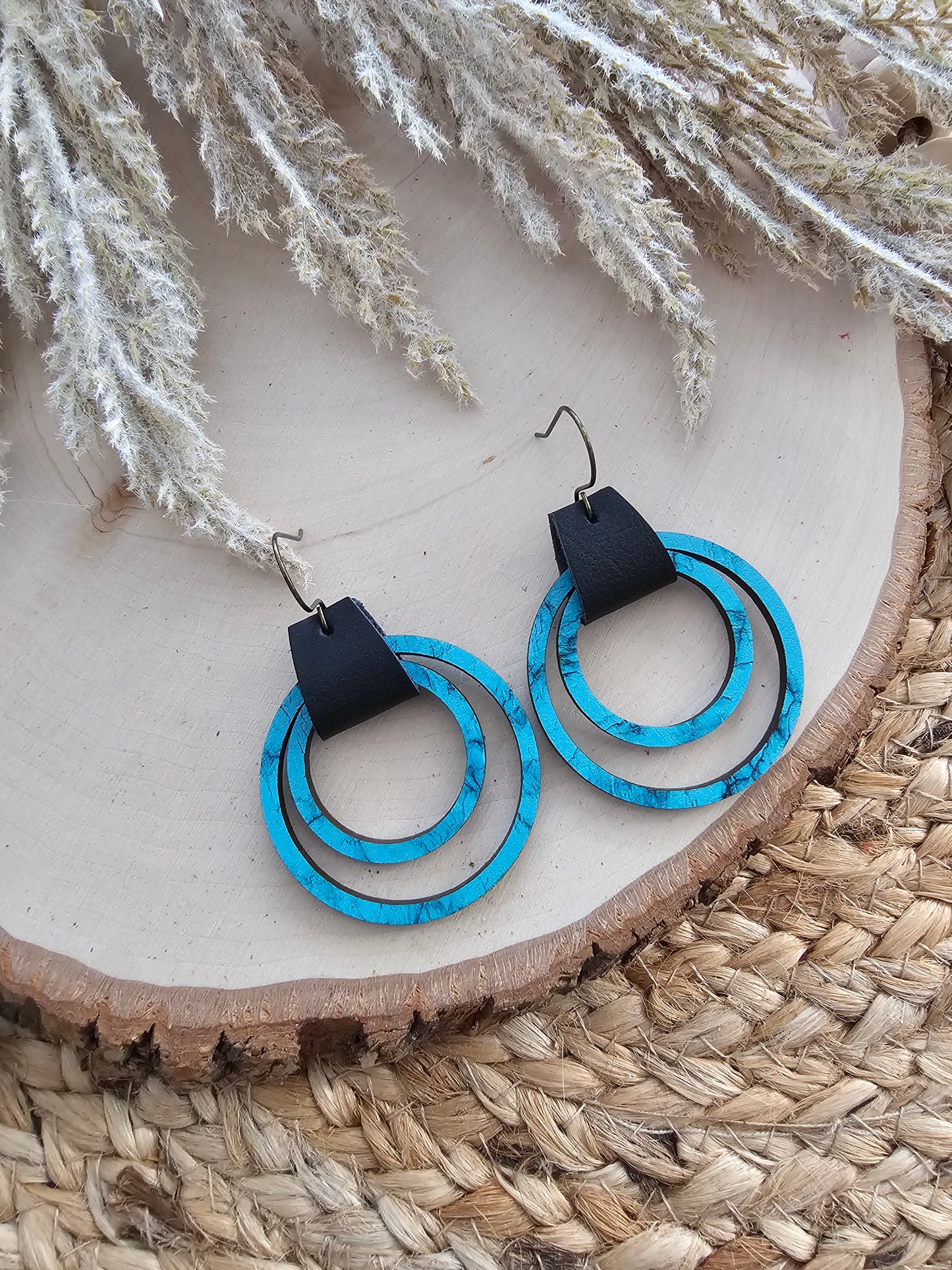 Turqouise & Black Leather & Wood Hoop Earrings