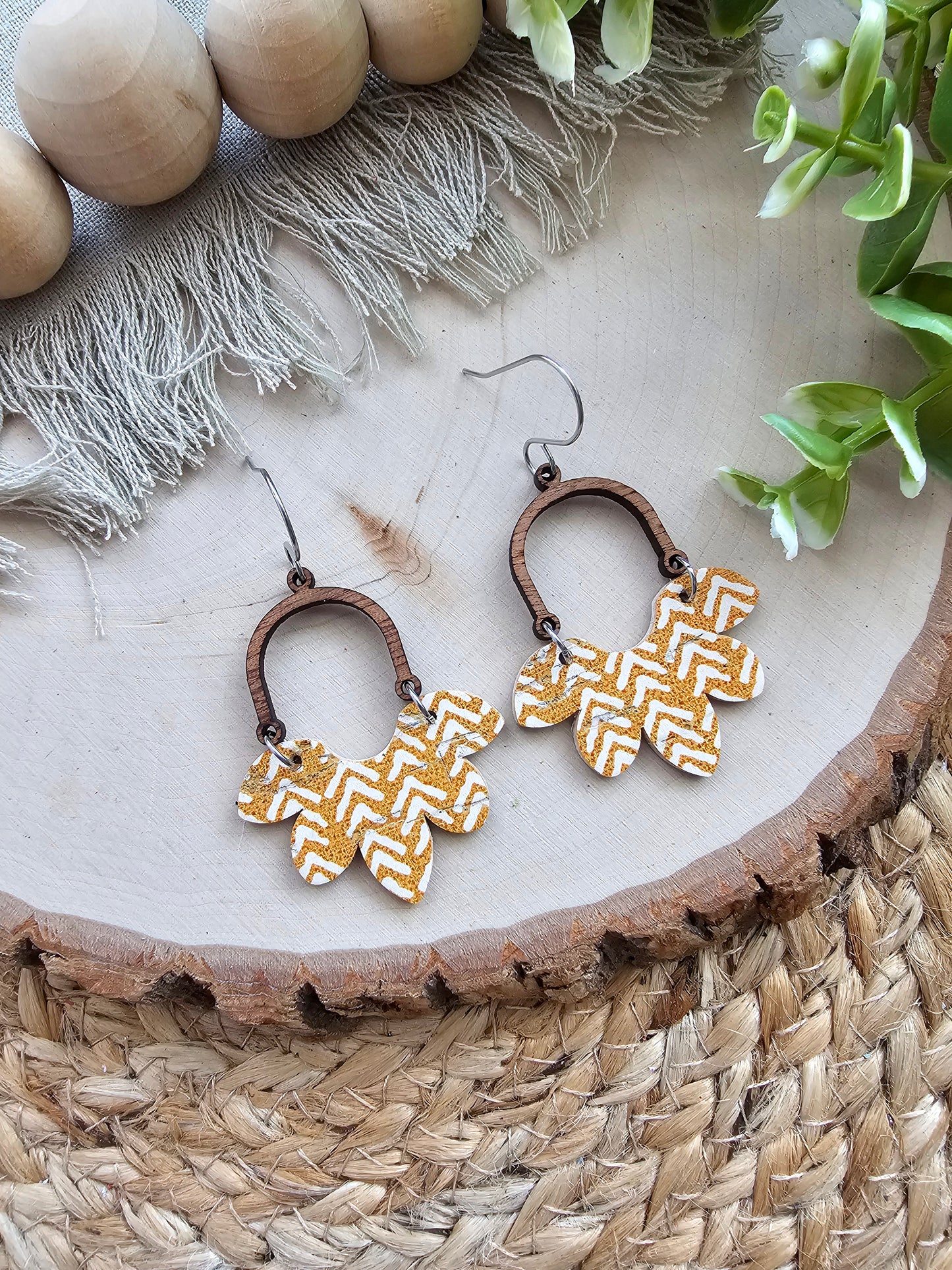 Mustard Broken Chevron Half Flower Earrings