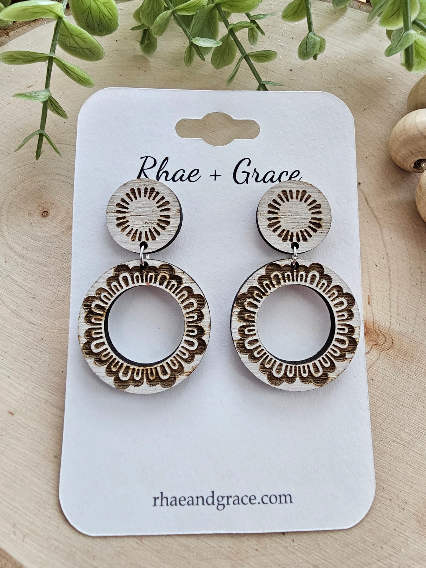 Whitewashed Art Deco Wood Hoop Earrings