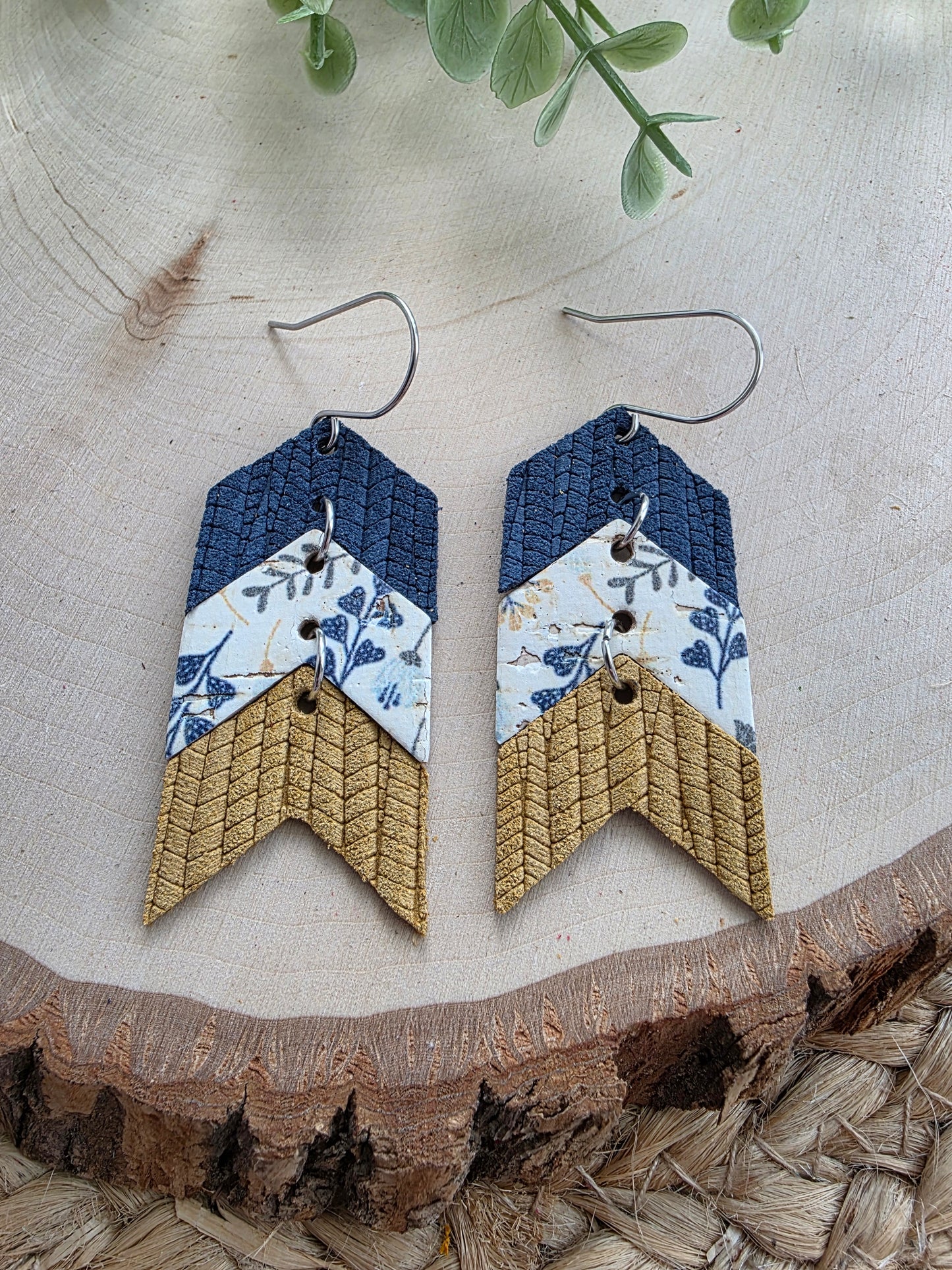 Blue & Mustard Floral Triple Chevron Arrow Earrings