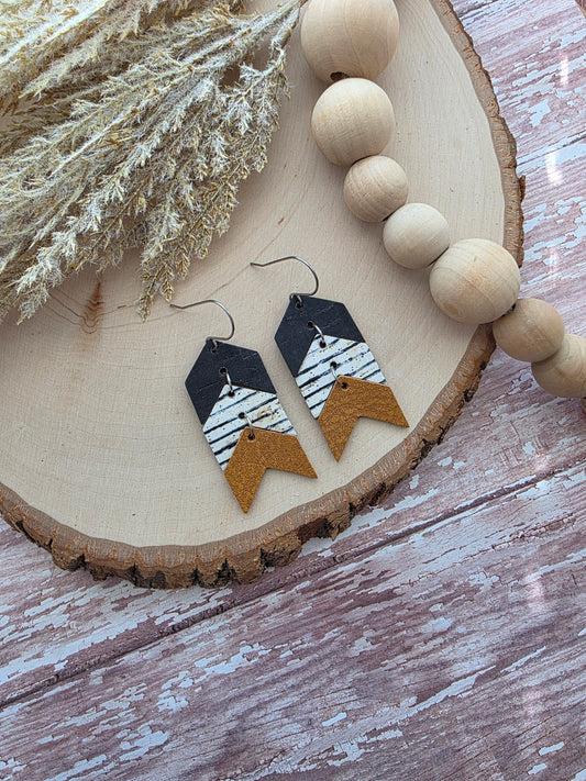 Black, White & Brown Striped Triple Chevron Arrow Earrings