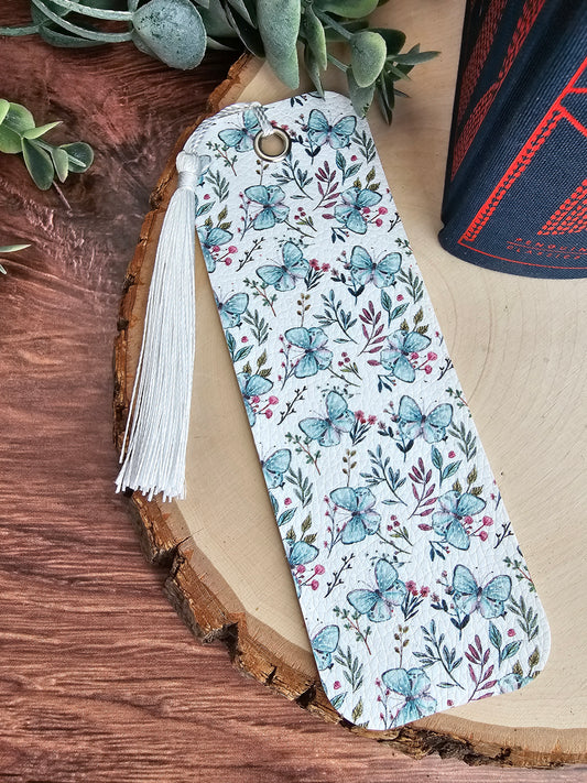 Blue Butterflies Floral Faux Leather Bookmark