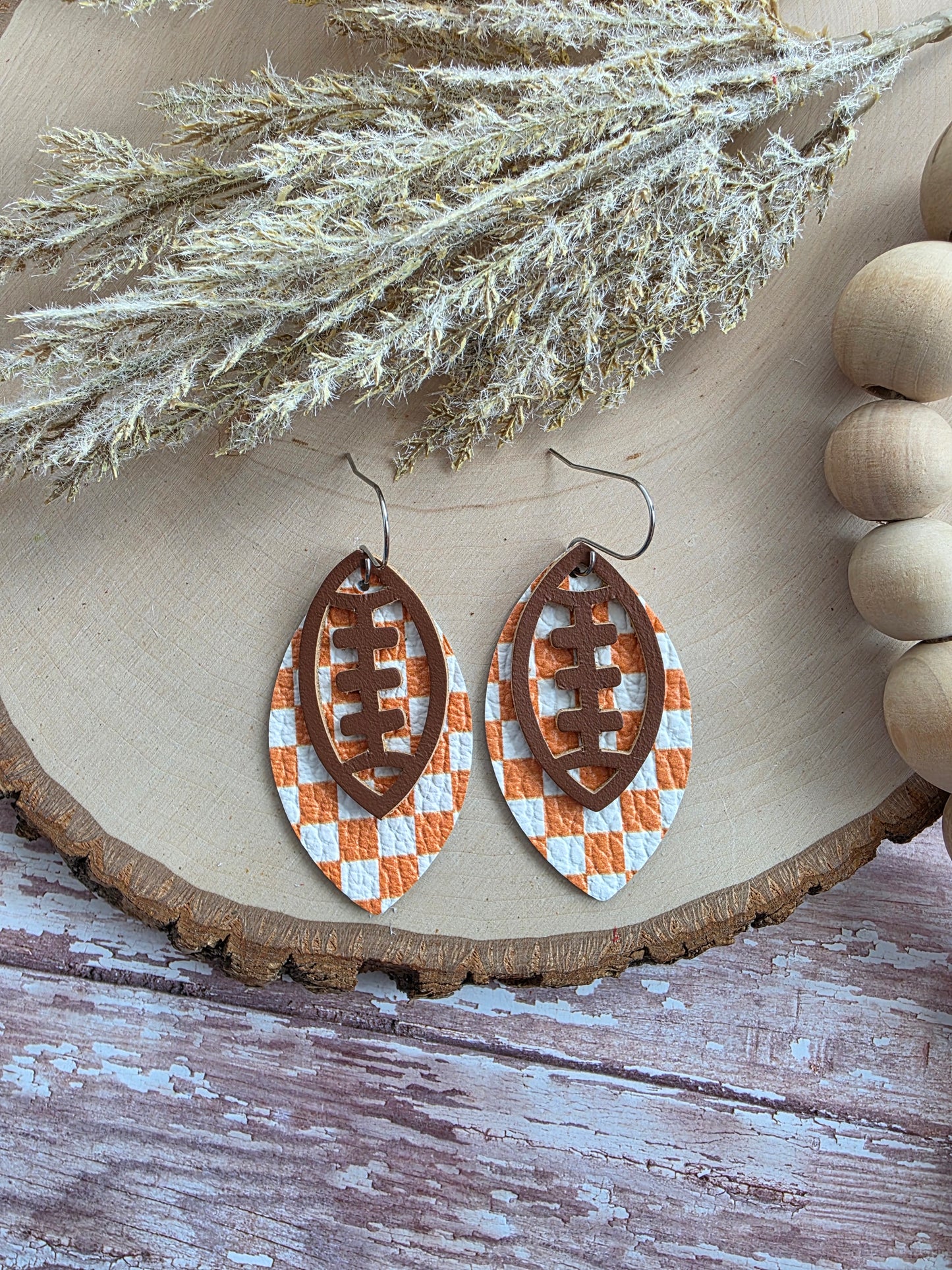 Orange & White Checkered Layered Leather Football Earrings