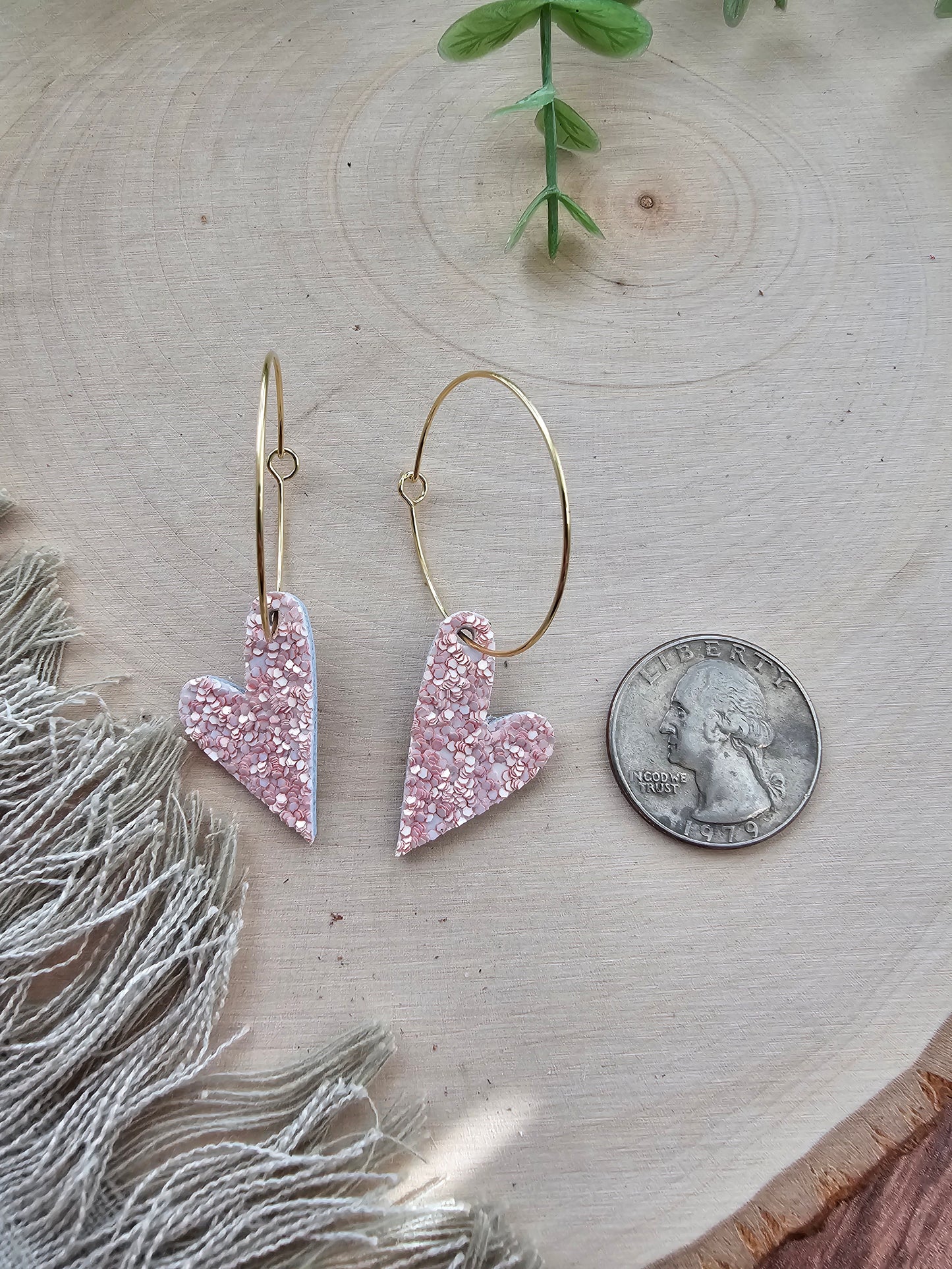 Soft Pink Glitter Tiny Heart Hoop Earrings