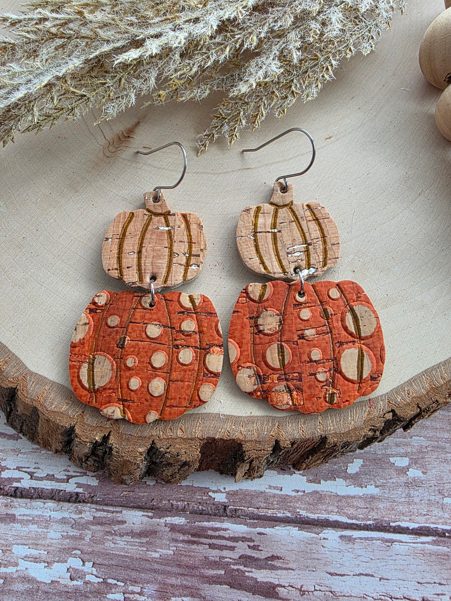 Orange & Cork Stacked Pumpkin Earrings