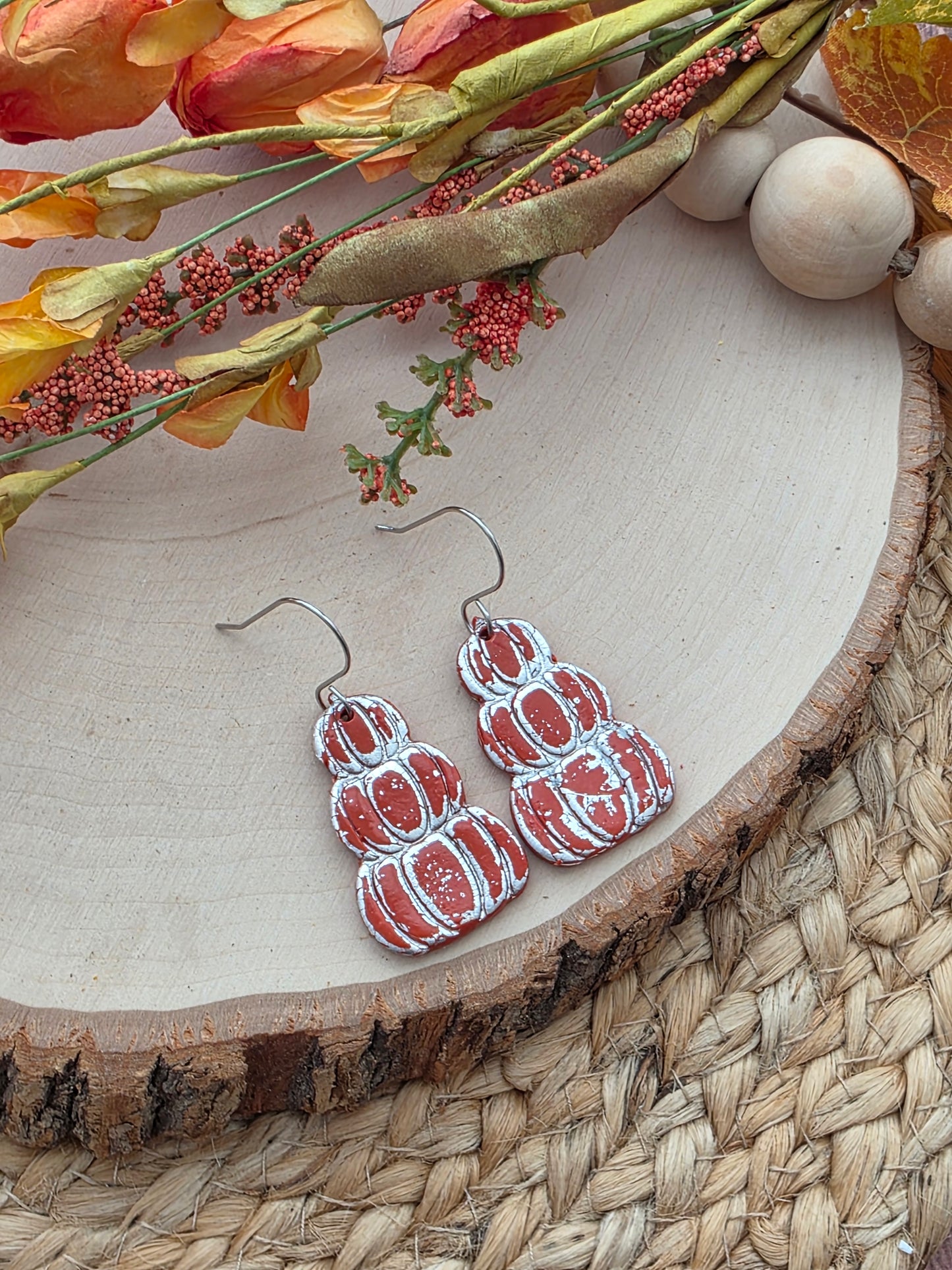Orange & Silver Stacked Pumpkin Earrings - Polymer Clay