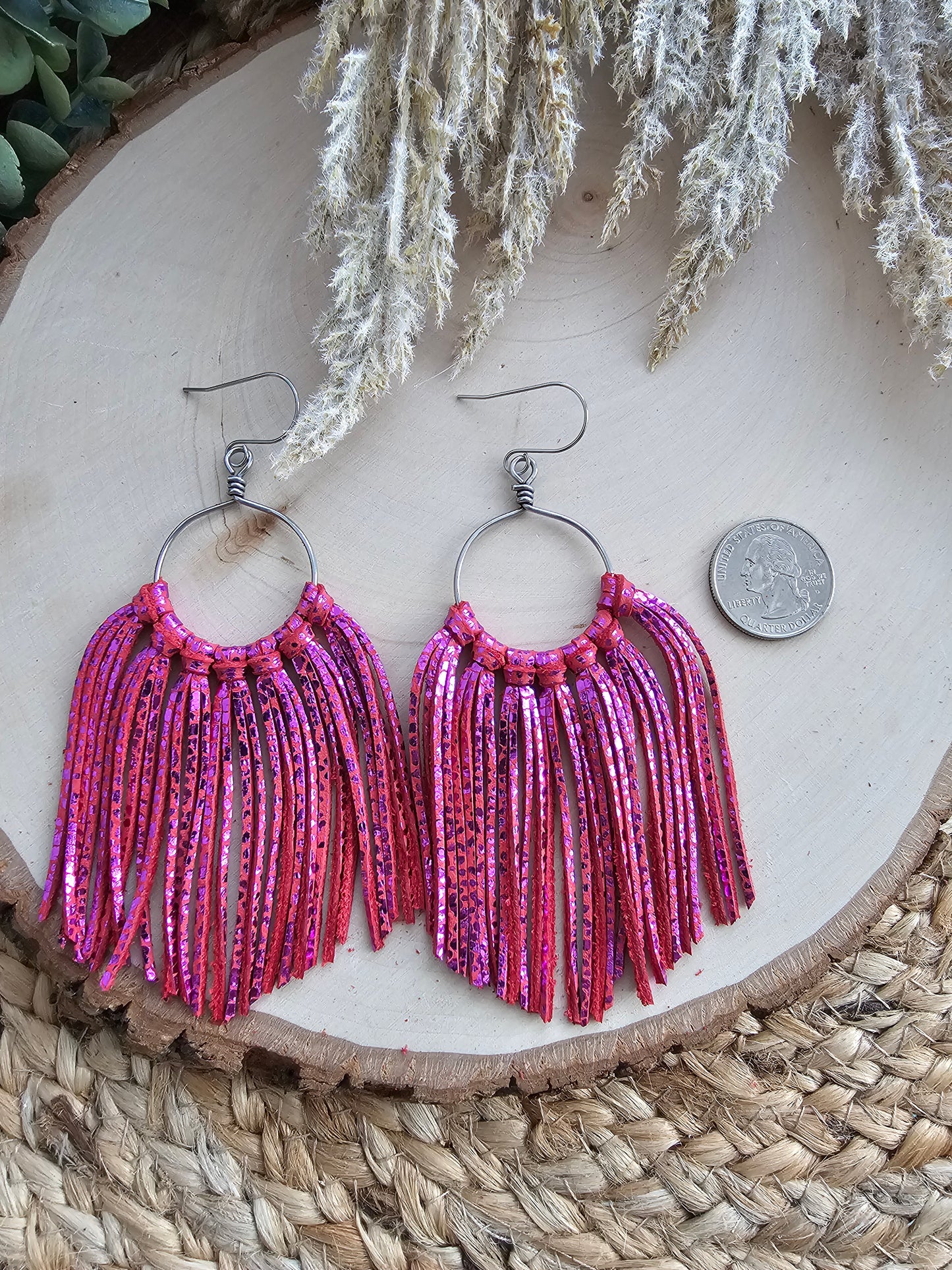 Metallic Pink Fringe Statement Earrings