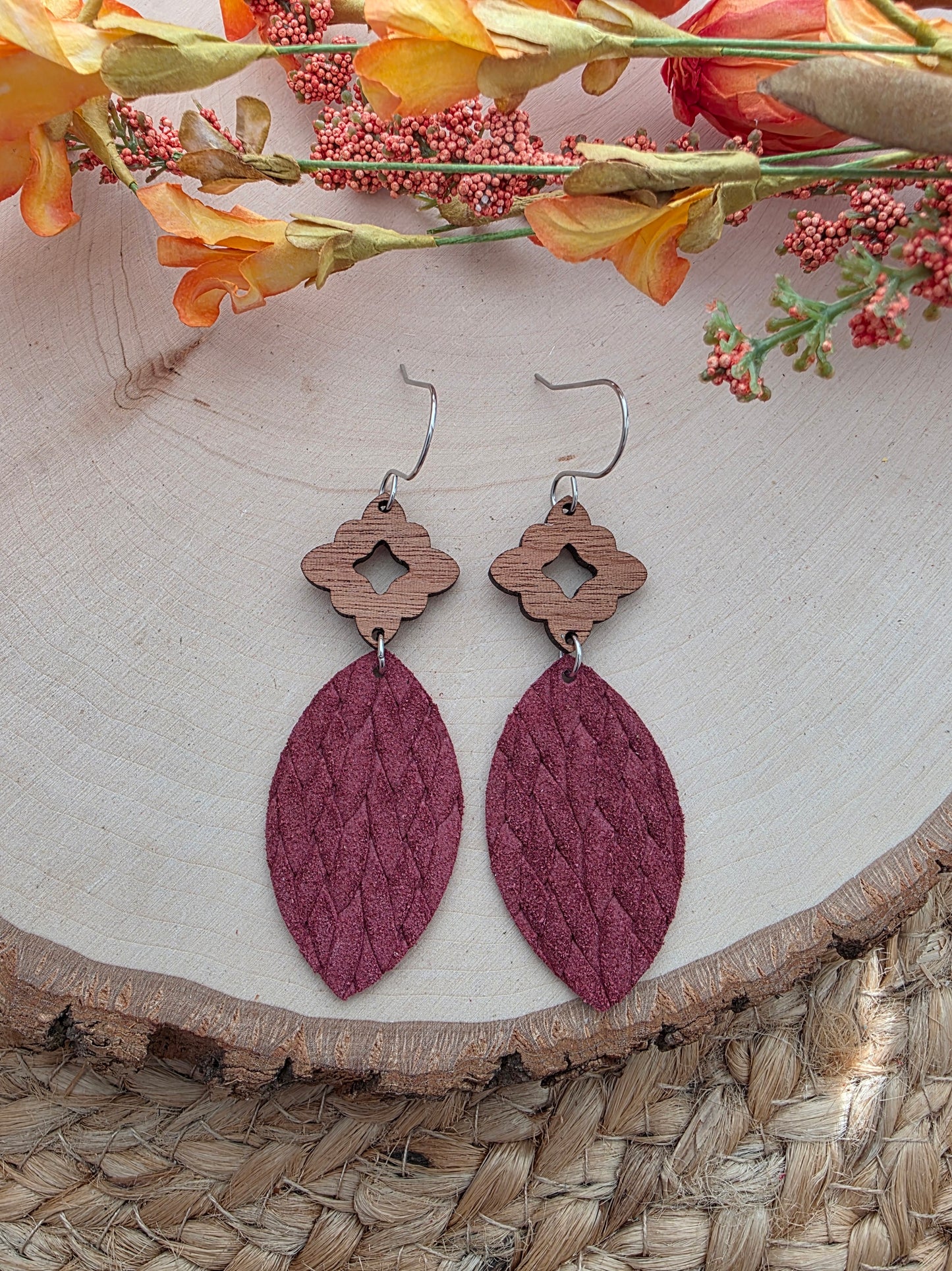 Merlot Red Leather Leaf Earrings