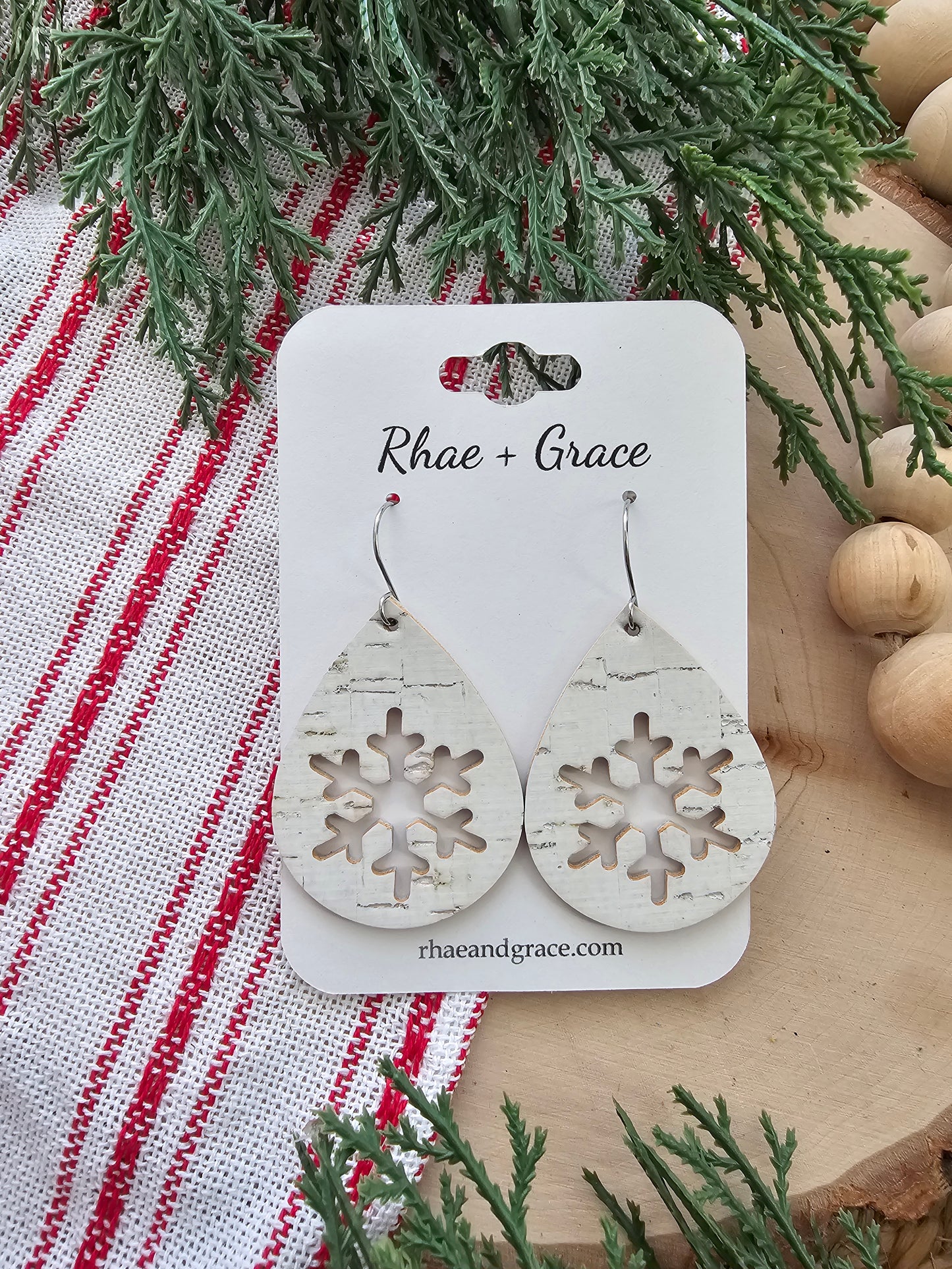 White Birch Snowflake Cutout Teardrop Earrings