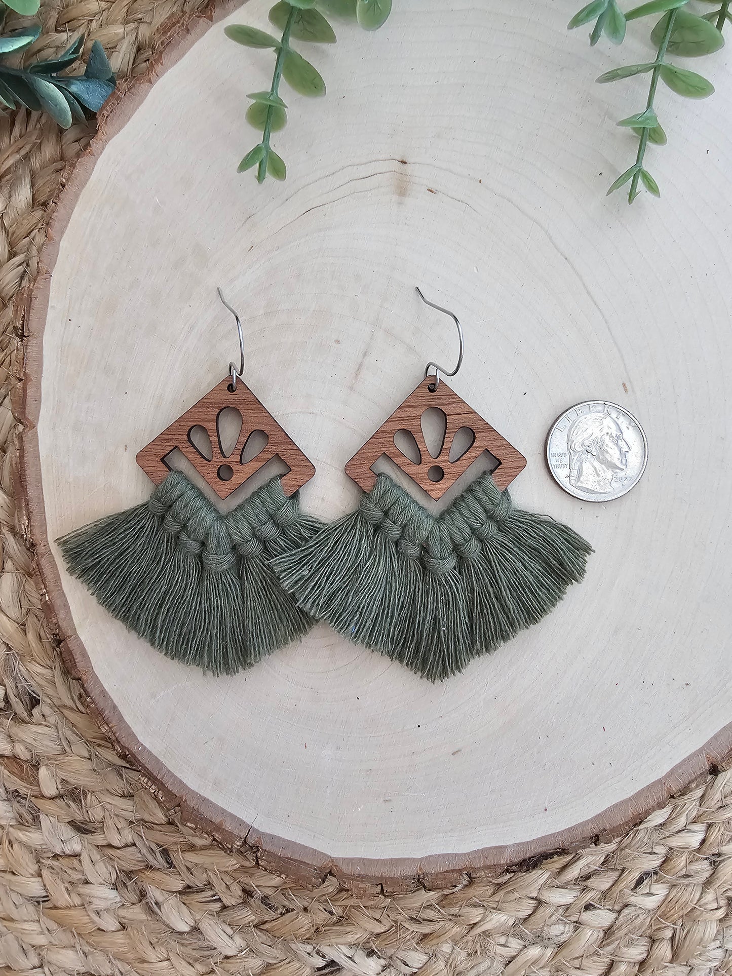 Olive Green Square Macramé Earrings