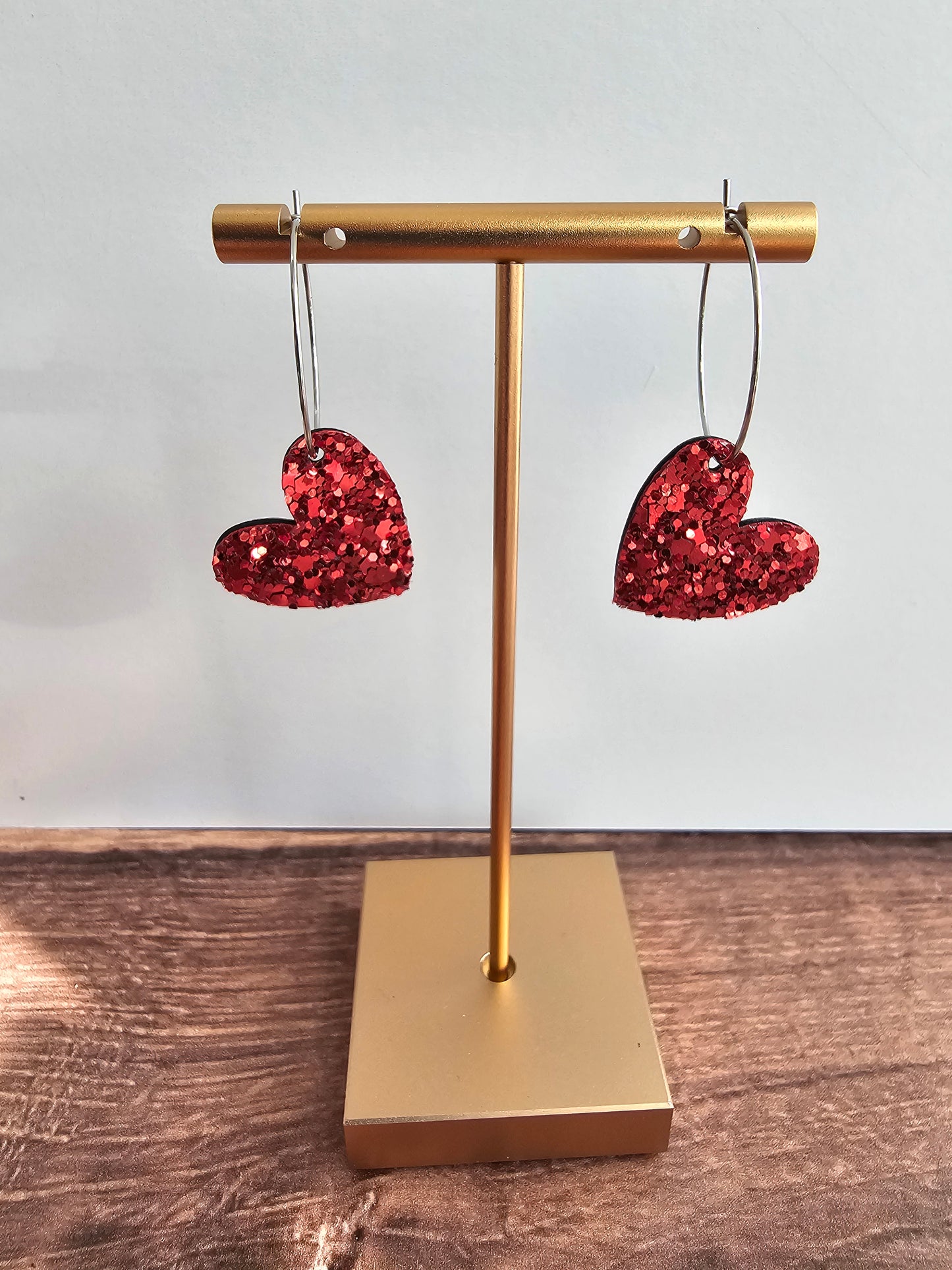 Red Glitter Small Heart Hoop Earrings