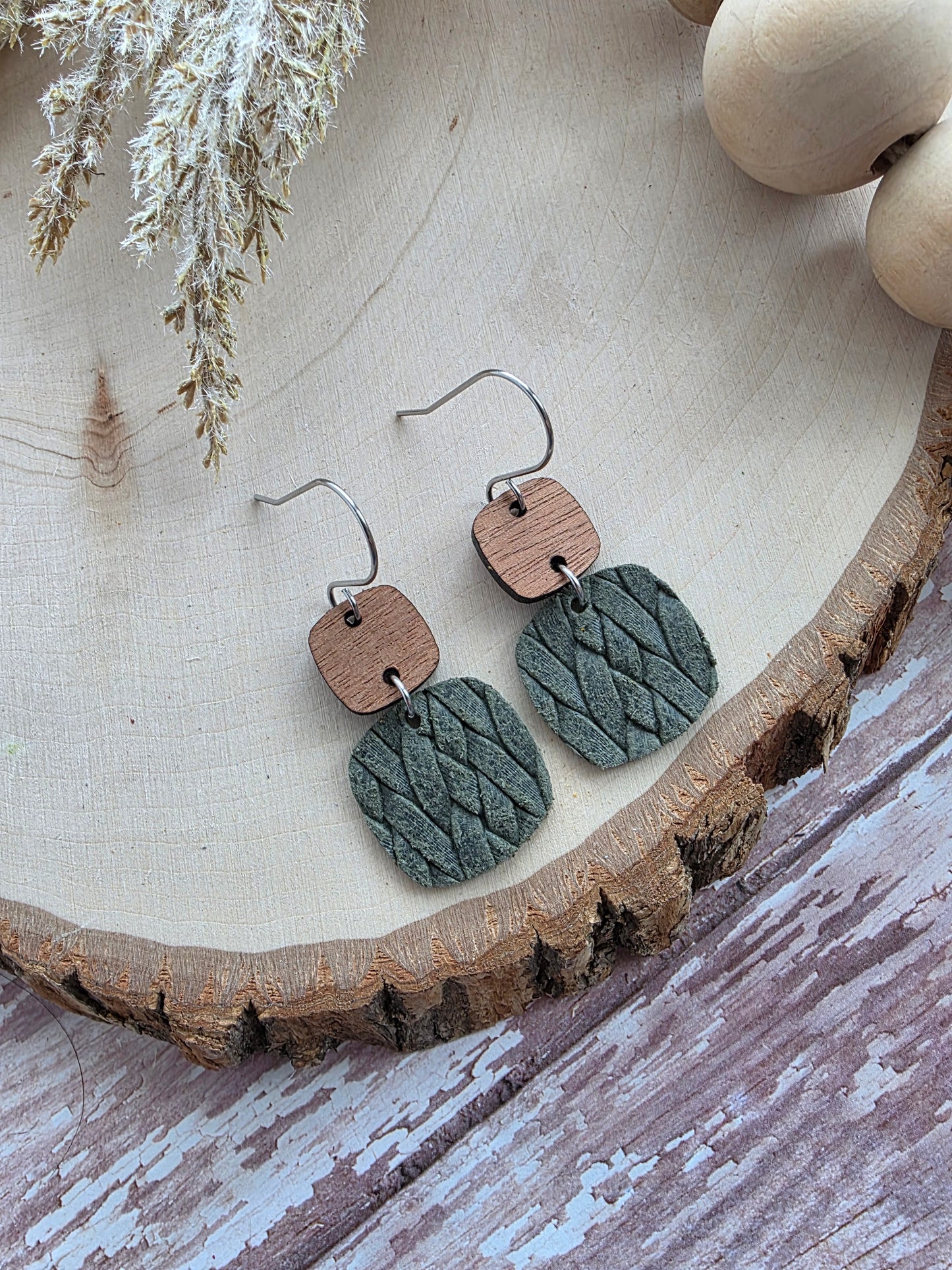 Dark Olive Green Braid Embossed Rounded Square Earrings