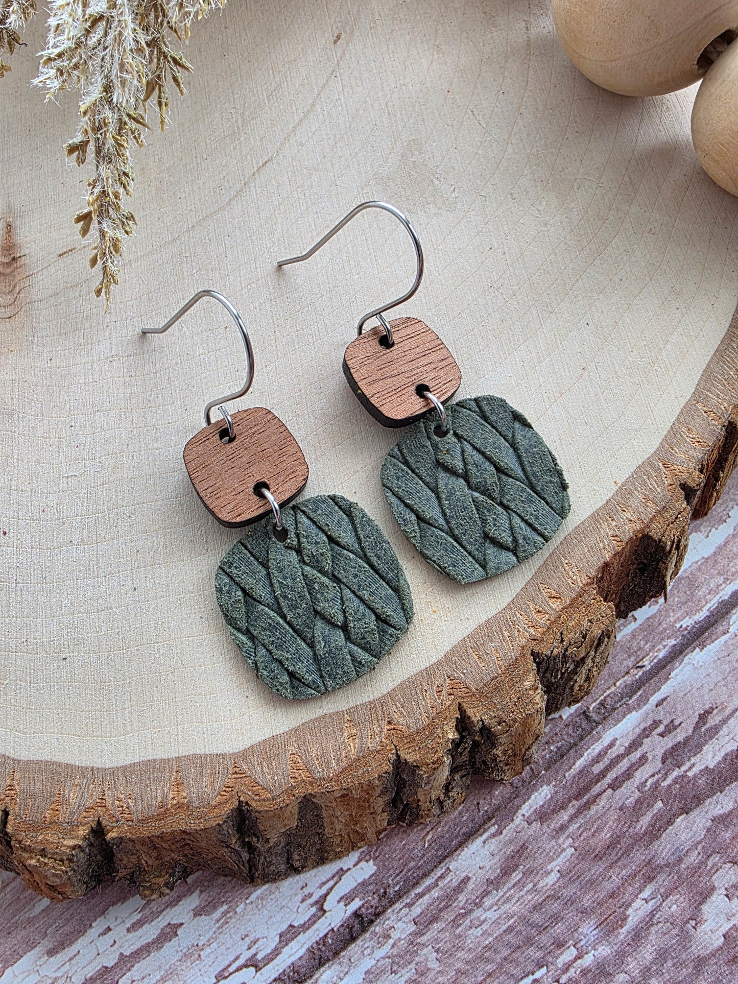 Dark Olive Green Braid Embossed Rounded Square Earrings