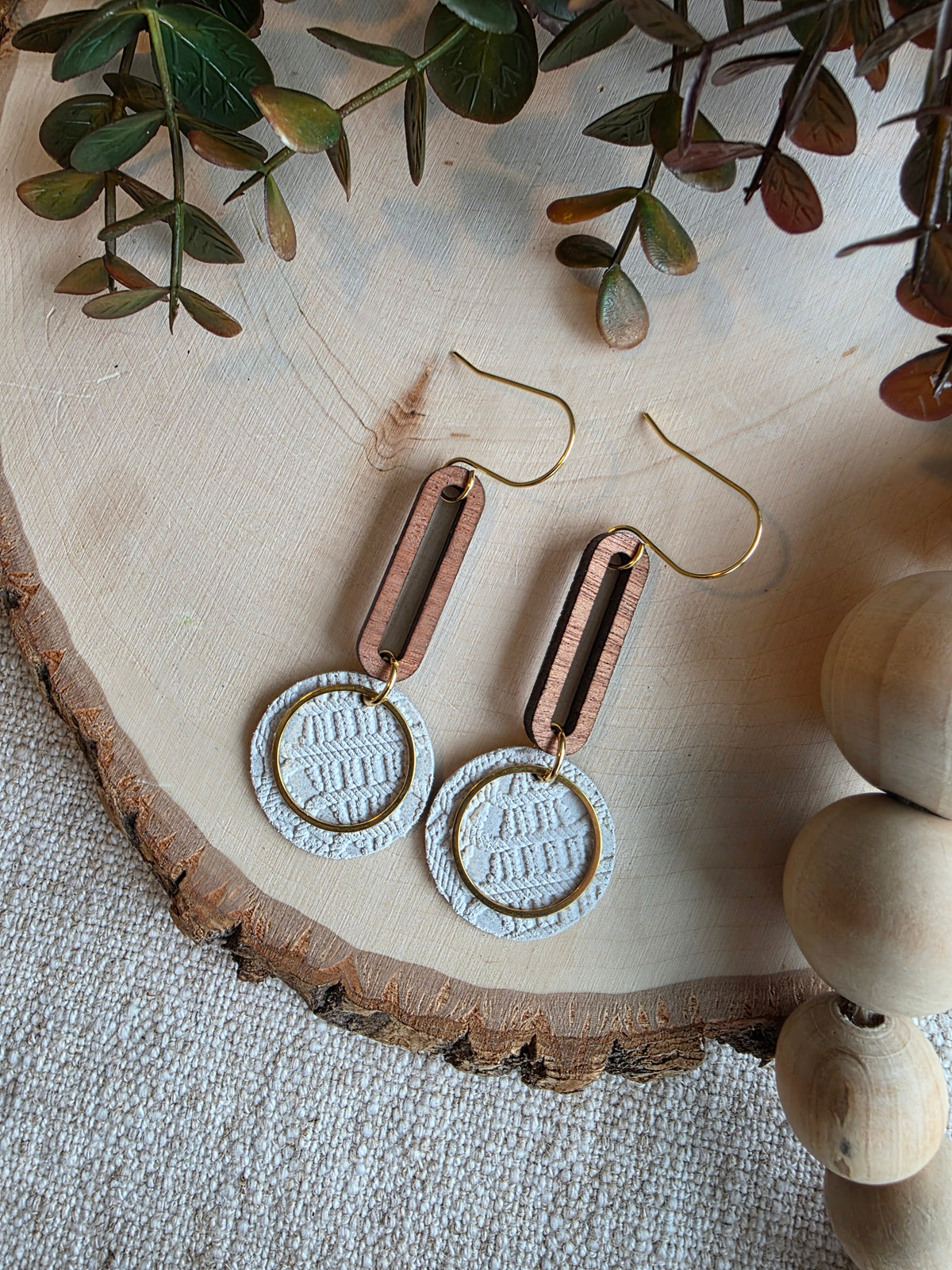 Beige & Gold Round Drop Earrings