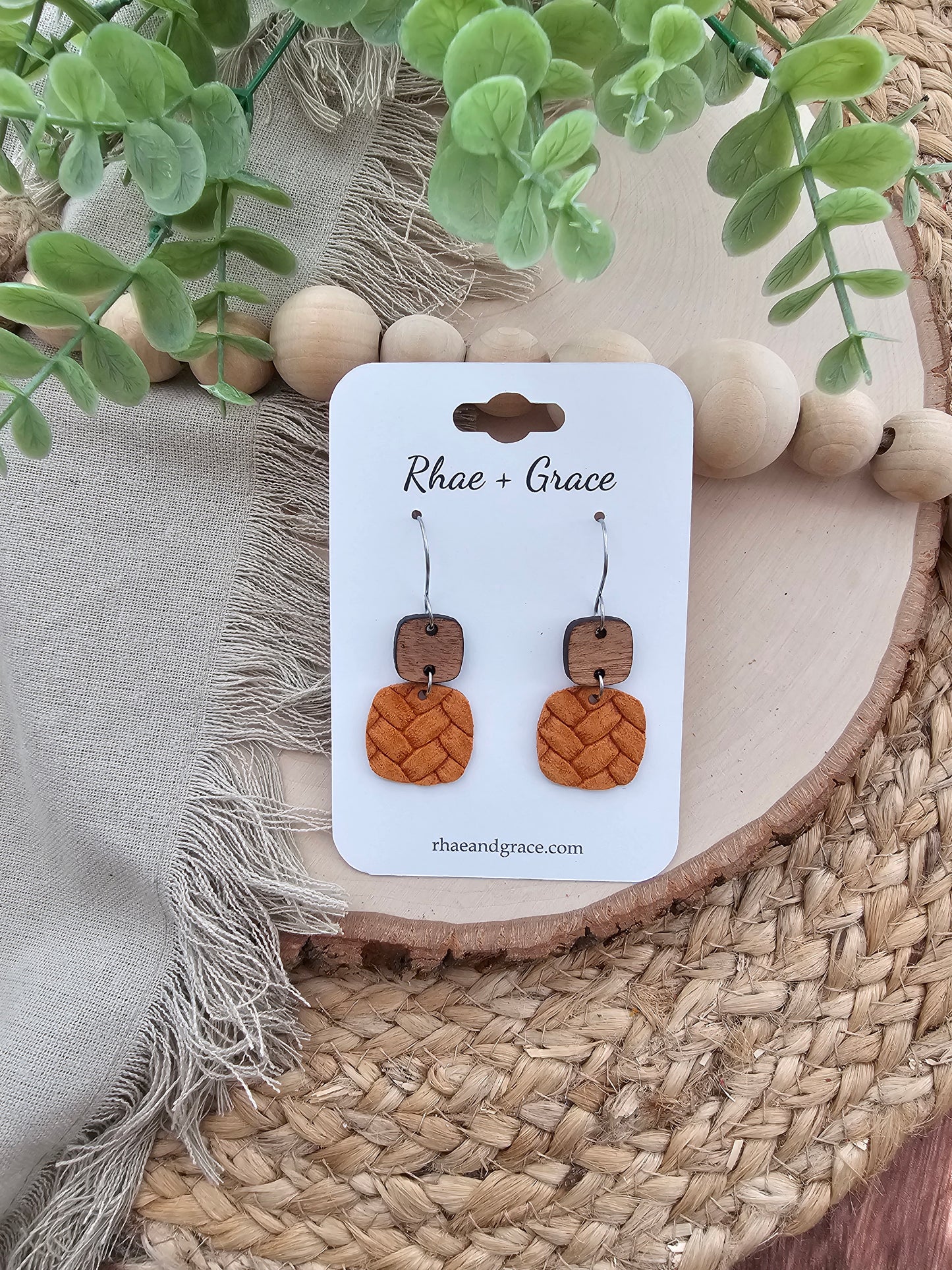 Ginger Orange Embossed Braid Rounded Square Earrings