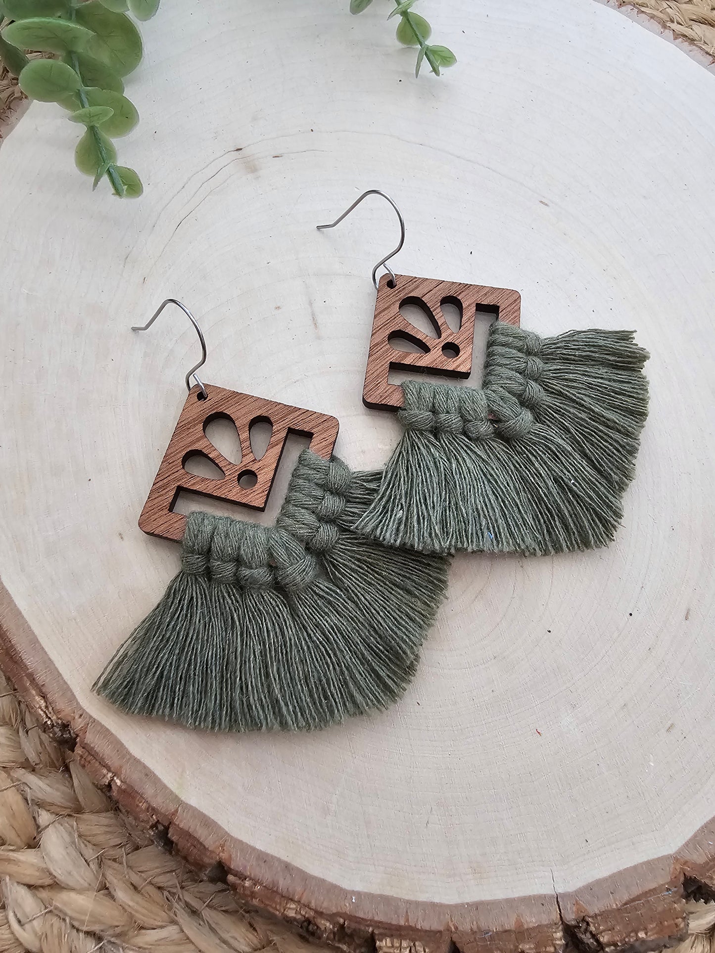 Olive Green Square Macramé Earrings