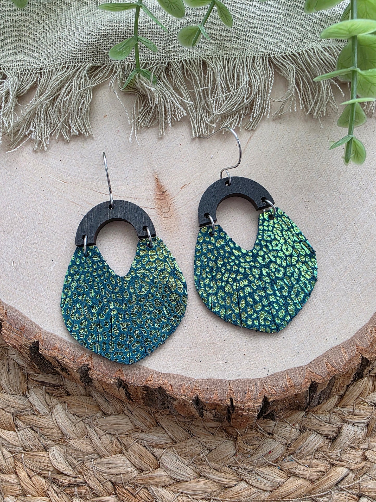 Metallic Teal Micro-Leopard Print Fringe Swoop Earrings