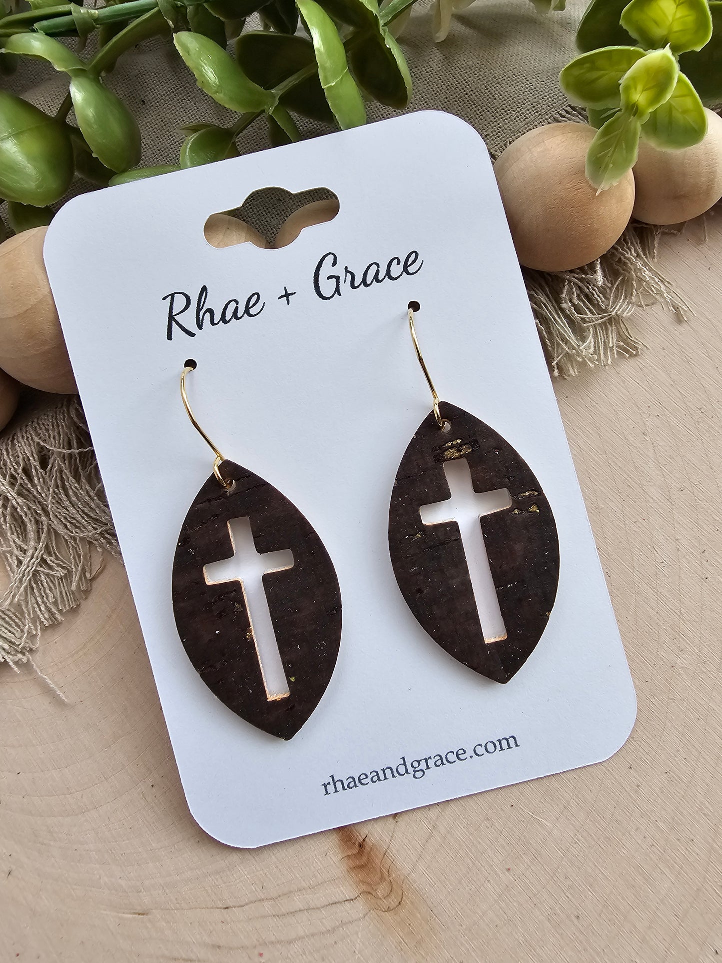 Brown & Gold Cross Cutout Leaf Earrings