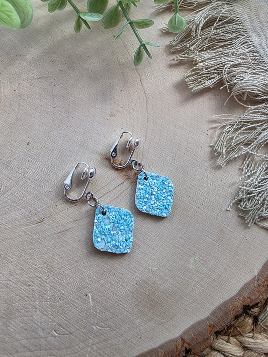 Light Blue Glitter Clip On Earrings