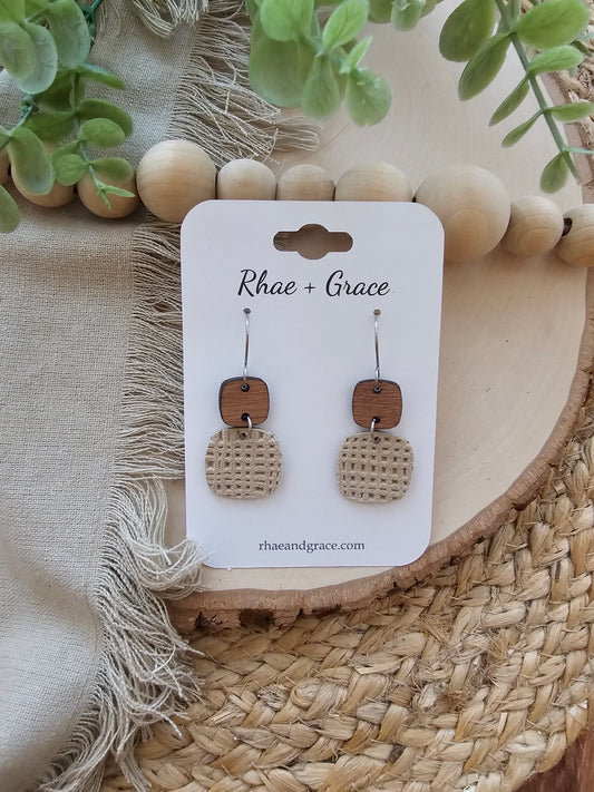 Beige Tan Embossed Rounded Square Earrings